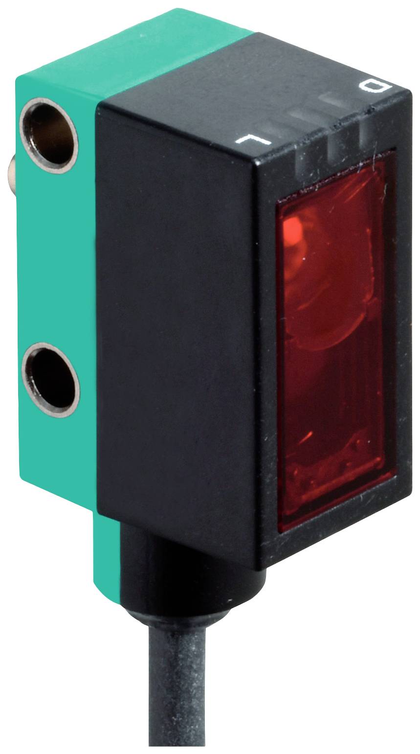 Un capteur optique rectangulaire avec un boîtier noir et un front transparent rouge, raccordé à un câble.