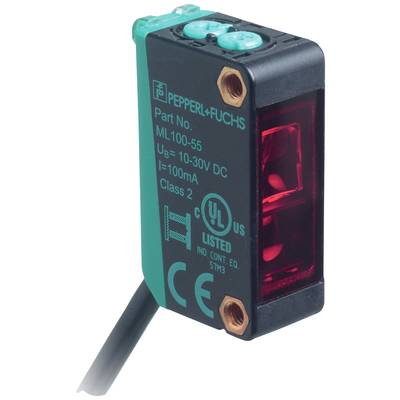 Un capteur optoélectronique rectangulaire de Pepperl+Fuchs avec un boîtier noir et turquoise et une lentille rouge.
