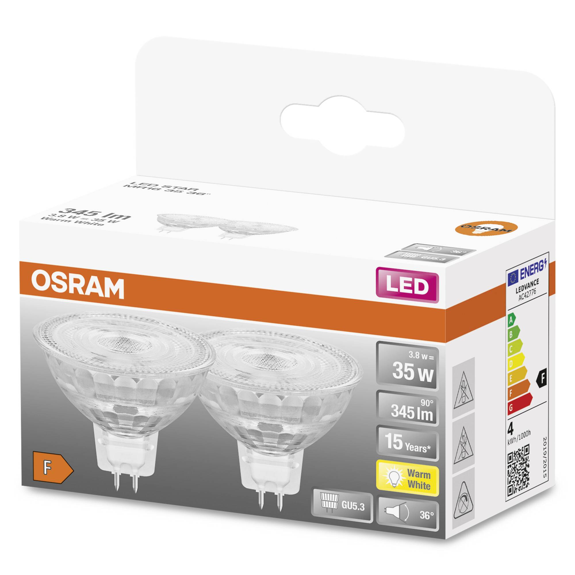 Deux lampes LED OSRAM dans un emballage. Elles ont une puissance de 3,8 W, une luminosité de 345 lm, et une durée de vie de 15 ans.