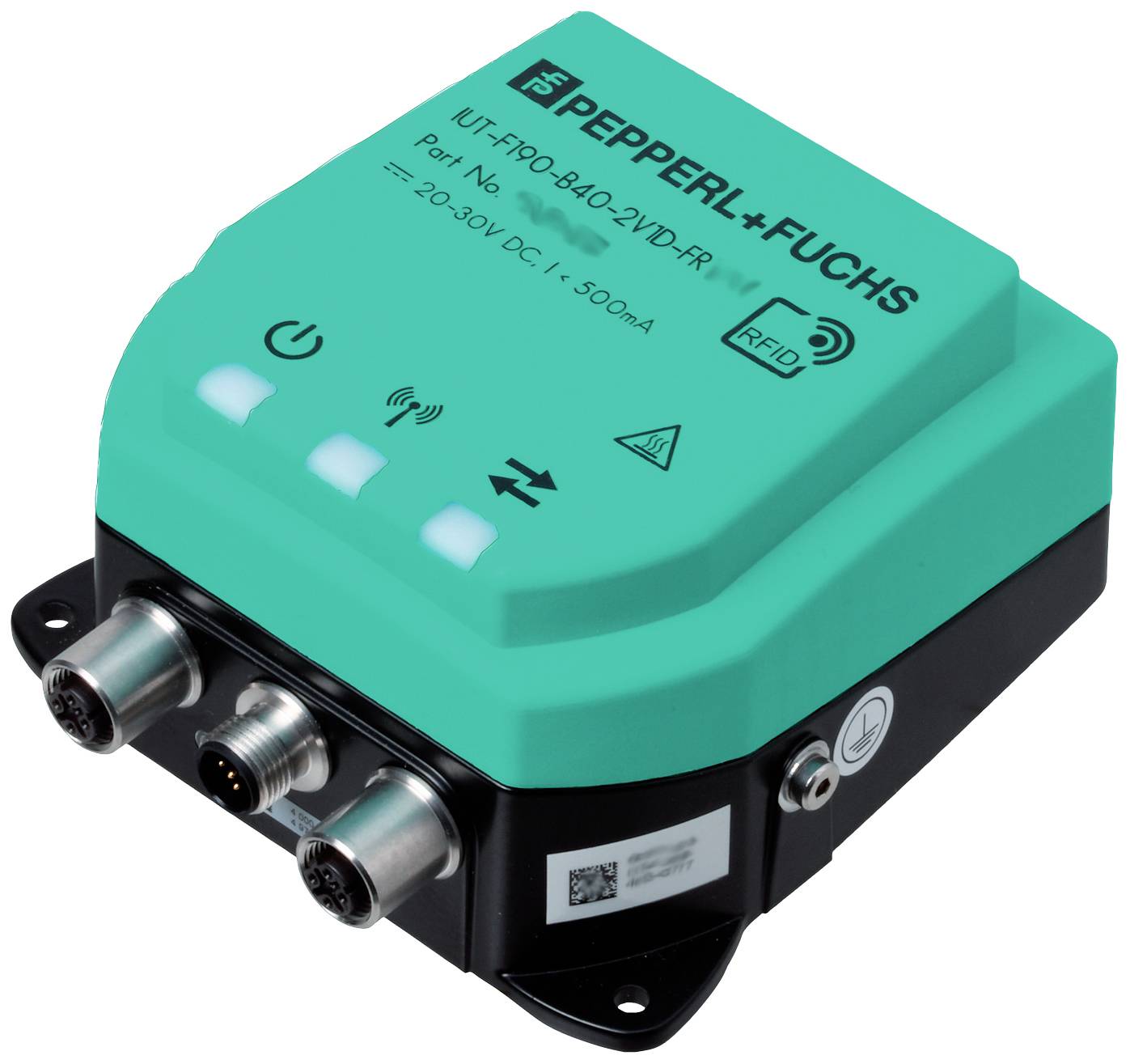 Un boîtier d'appareil vert, parallélépipédique, avec des connexions et des LED sur le dessus. Texte sur l'appareil : 'Pepperl+Fuchs UT-EPRO-8402-V3D-P1'.