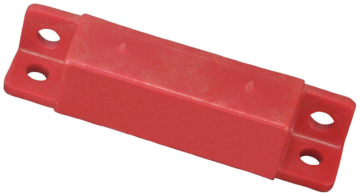 Fermoir magnétique rouge avec quatre encoches de fixation, généralement utilisé dans des applications mécaniques pour la fixation.