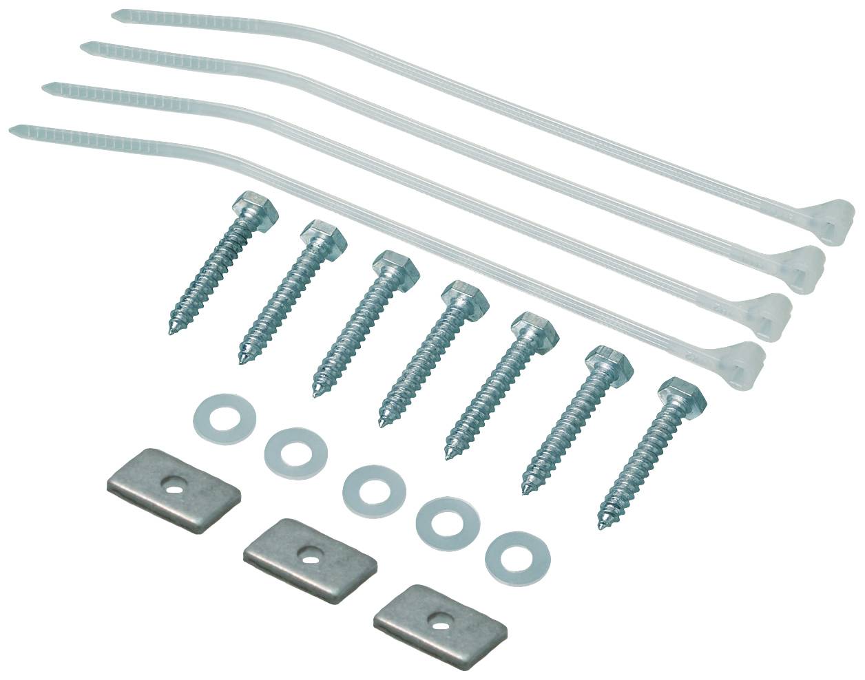 Un ensemble de vis en métal, de rondelles, de colliers de serrage et de petites plaques susceptibles d'être utilisés pour l'assemblage.