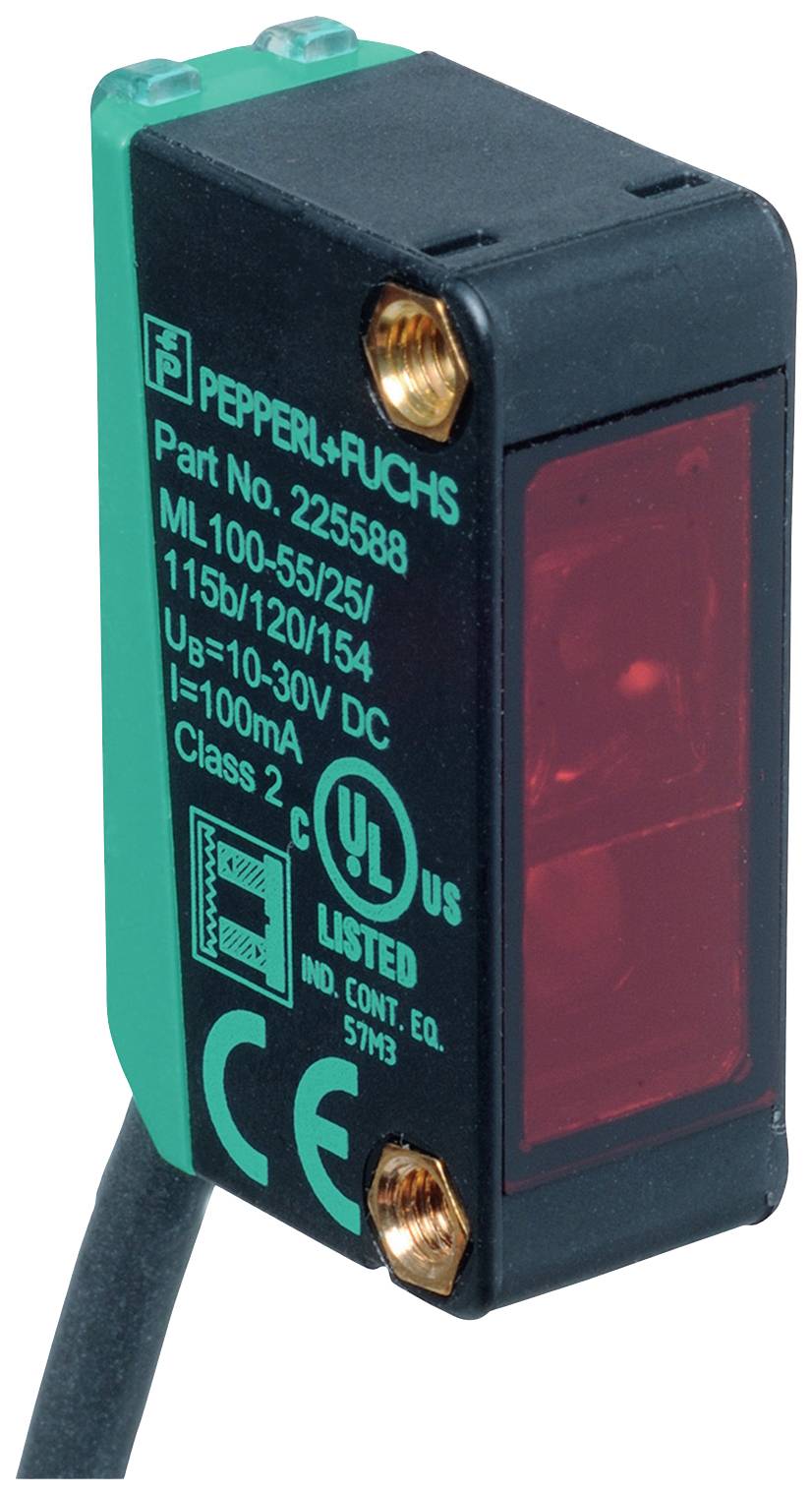 Capteur inductif de Pepperl+Fuchs avec référence produit 225889, boîtier noir et vert, spécifications électriques imprimées.