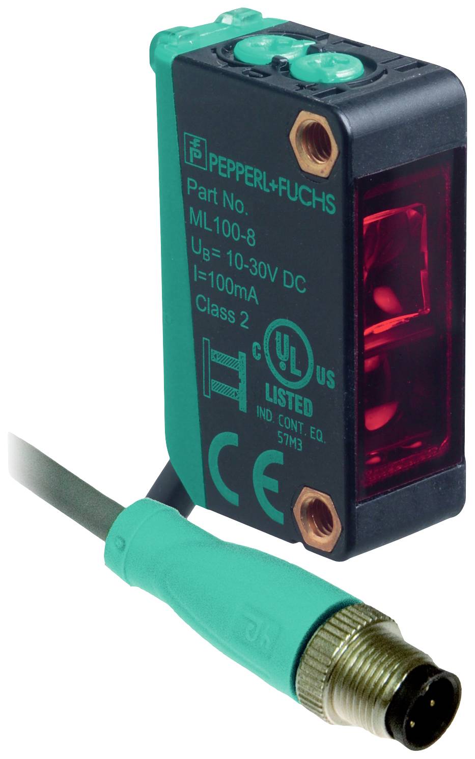 Un capteur rectangulaire de Pepperl+Fuchs, modèle ML100-8, avec lumière rouge et connexion par câble. Tension 10-30V DC, courant 100mA.