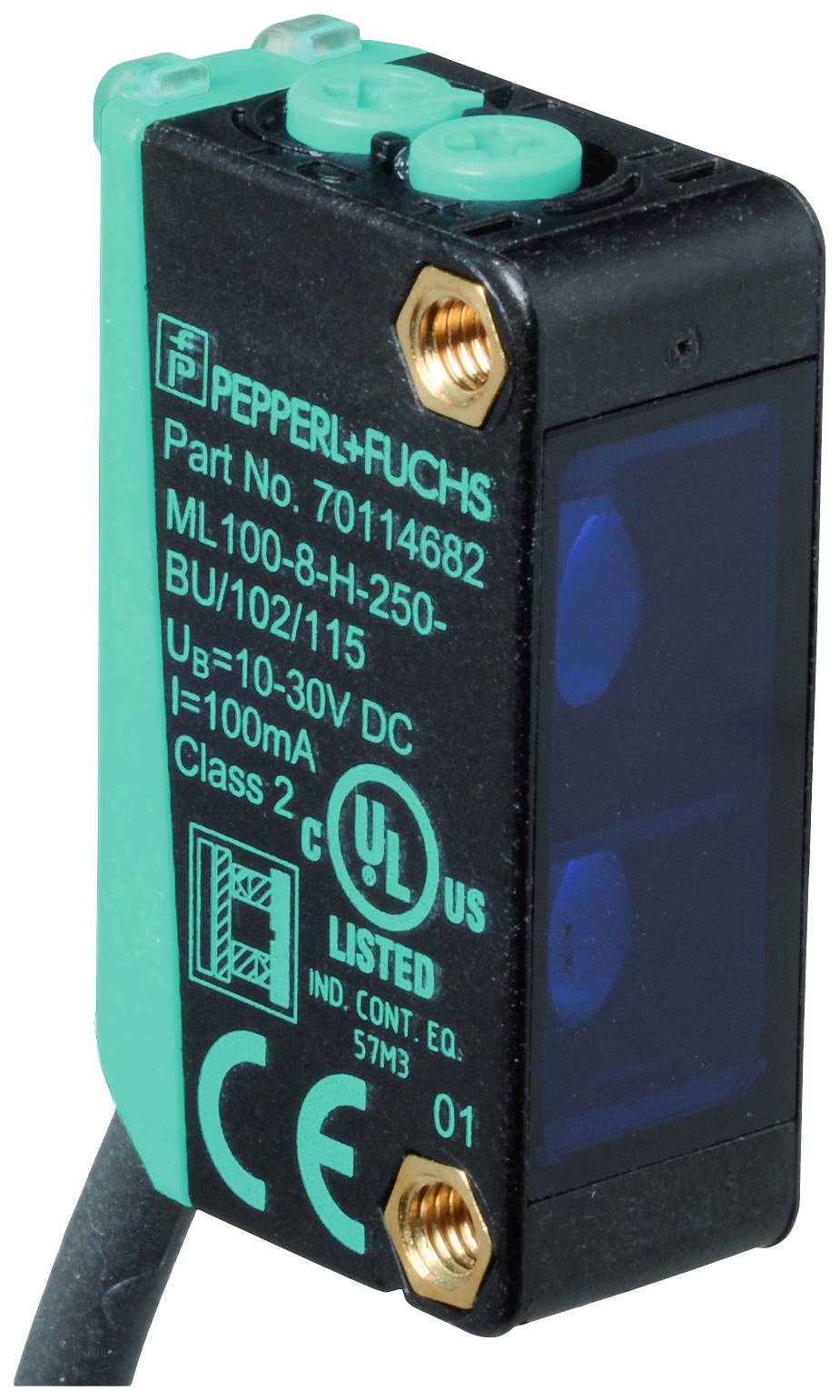 Un capteur rectangulaire de Pepperl+Fuchs portant des étiquettes et des symboles de spécifications électriques, incluant les marques 'UL' et 'CE'.