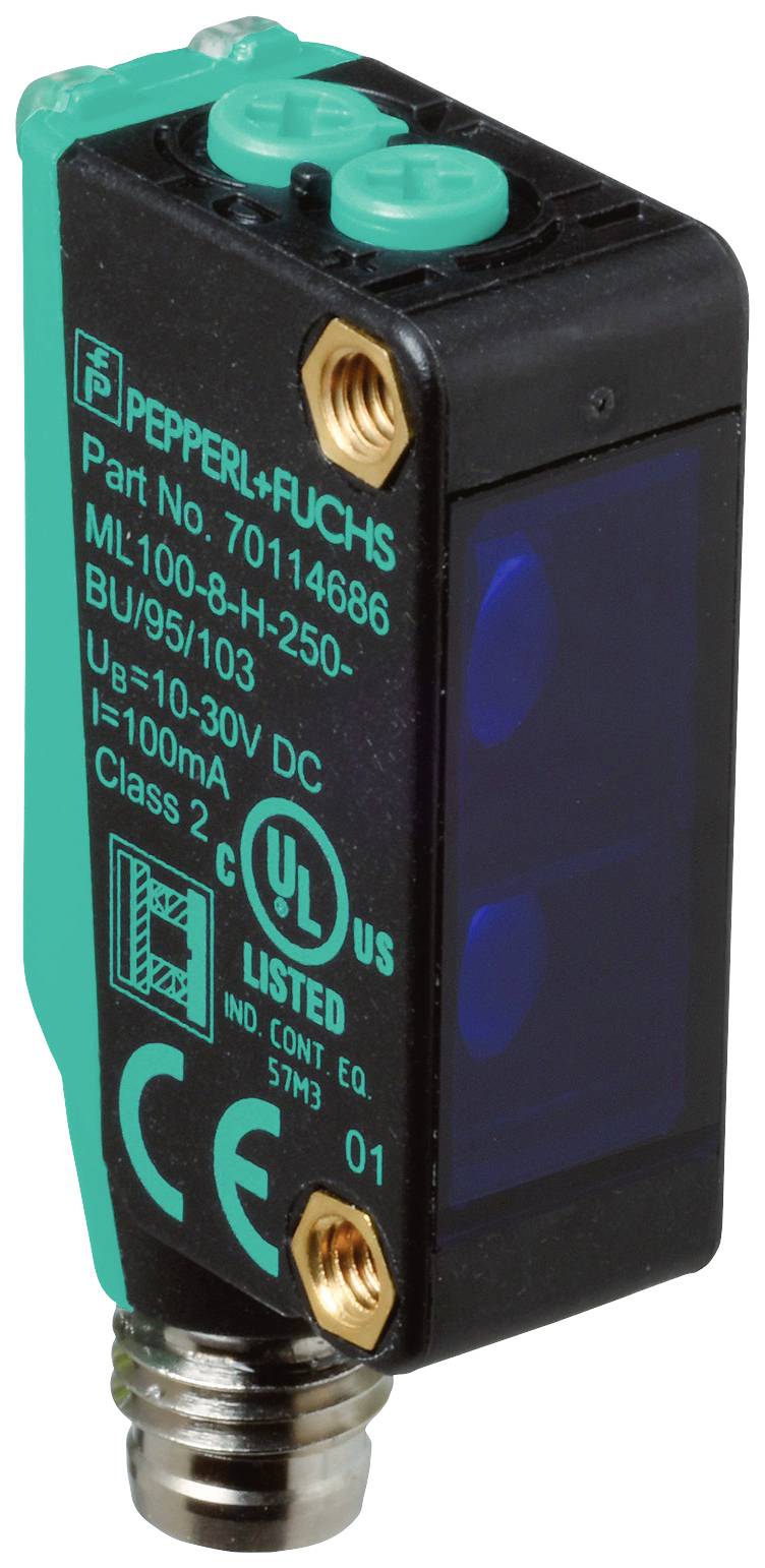 Un capteur rectangulaire noir de Pepperl+Fuchs avec des éléments verts, modèle ML100-8-H-250, adapté pour 10-30V DC.