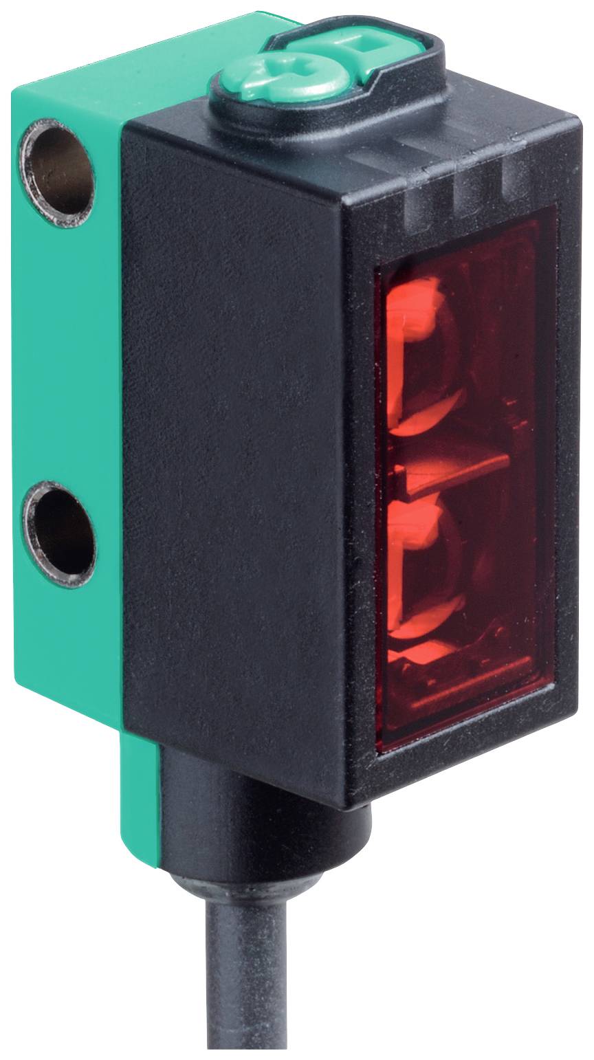 Un capteur rectangulaire avec un boîtier vert et noir et un indicateur LED rouge. Il est utilisé pour la détection d'objets.