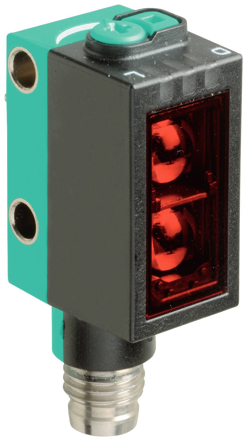 Un capteur électronique rectangulaire avec des éléments lumineux rouges et verts. Utilisé dans les machines pour la détection d'objets.