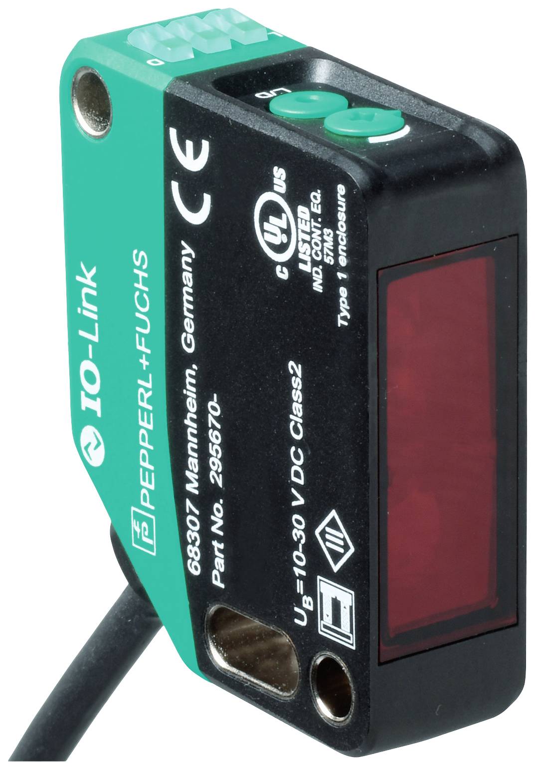 Un capteur de proximité vert et noir de la marque Pepperl+Fuchs avec support IO-Link, adapté aux applications industrielles.
