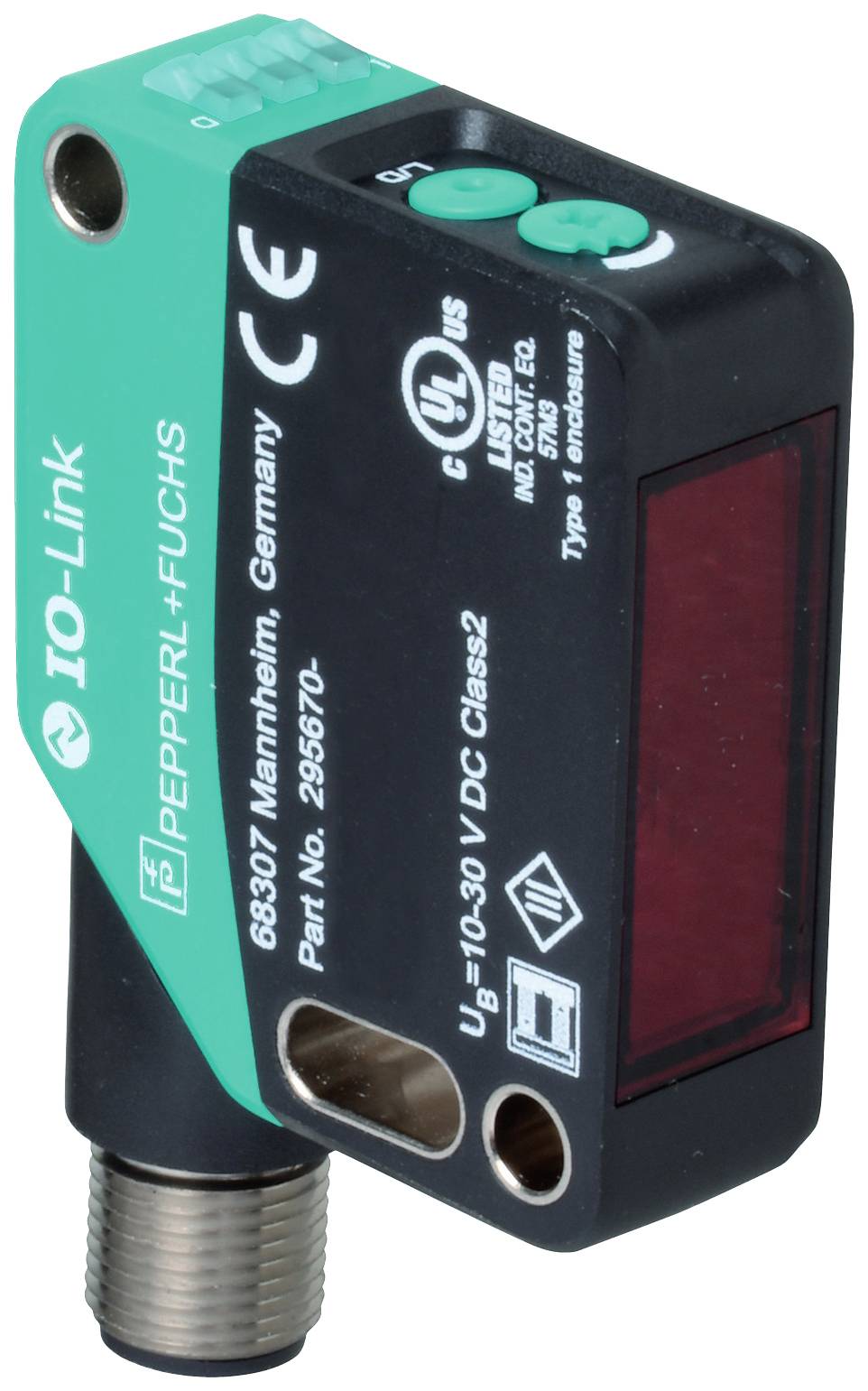 Capteur optique de Pepperl+Fuchs avec fonction IO-Link, modèle 83K, boîtier noir, capot vert, électronique visible.