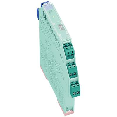 Un module de mode vert menthe de Pepperl+Fuchs avec des étiquettes et des bornes à vis sur la face avant.