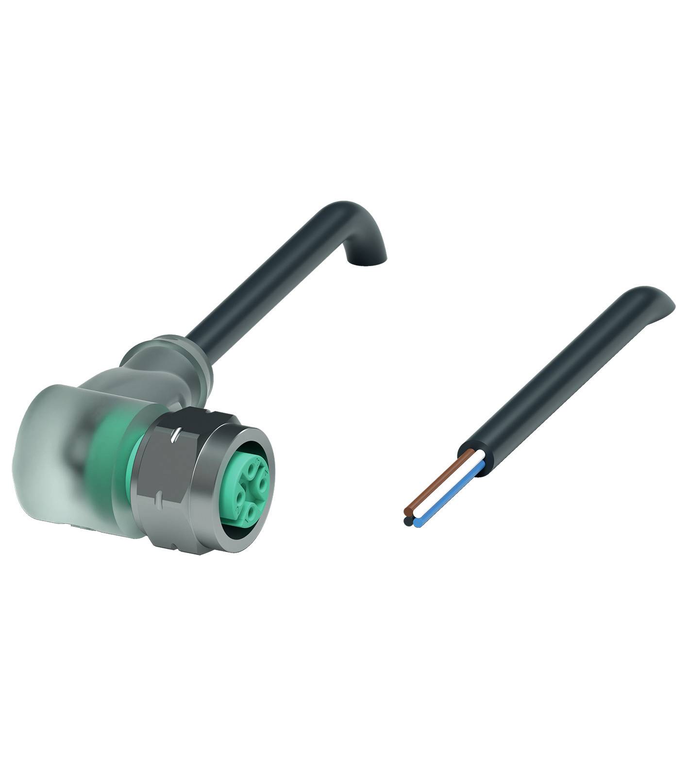 Un connecteur électrique coudé avec des extrémités de câble dénudées indique une connexion.
