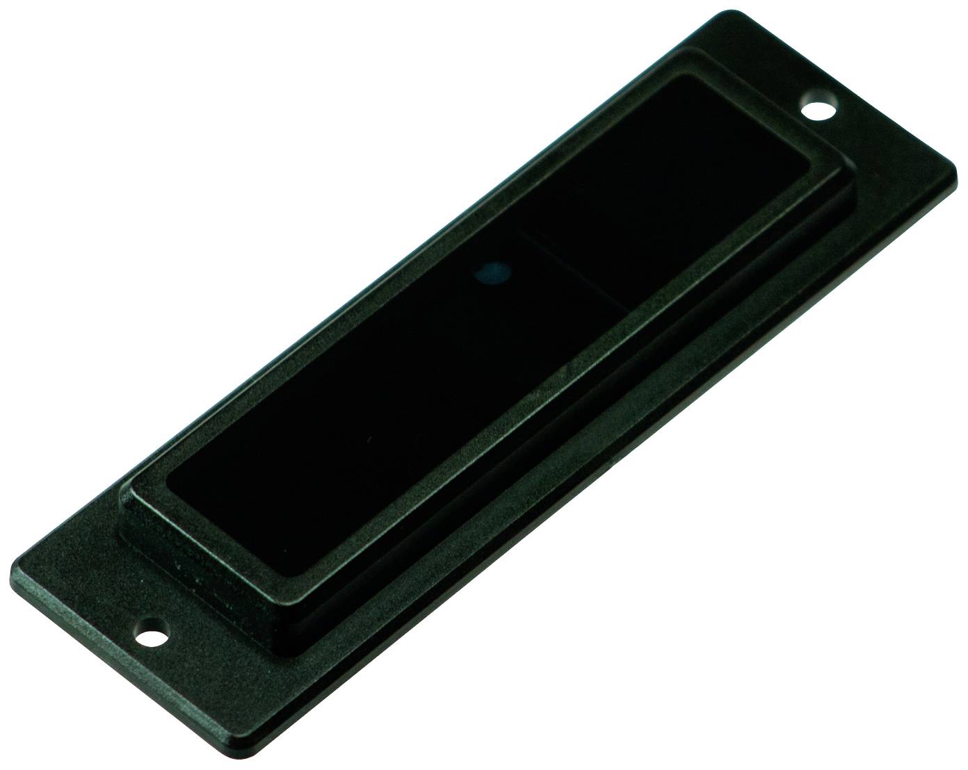 Aimant noir rectangulaire avec plaque métallique, deux trous aux extrémités pour la fixation.
