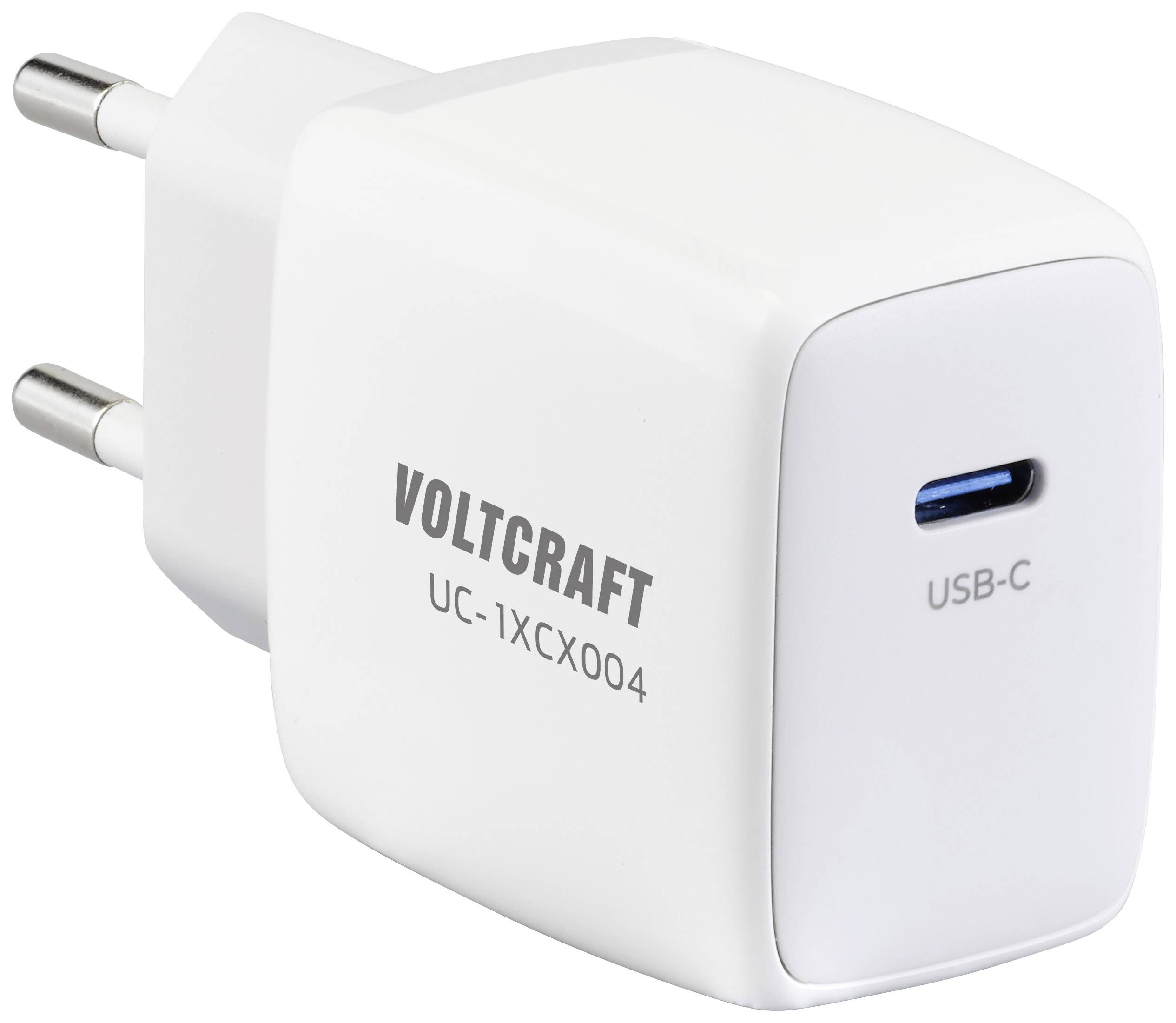 Un chargeur USB-C blanc de Voltcraft avec une fiche européenne, modèle UC-1XCX004. Idéal pour charger rapidement vos appareils.