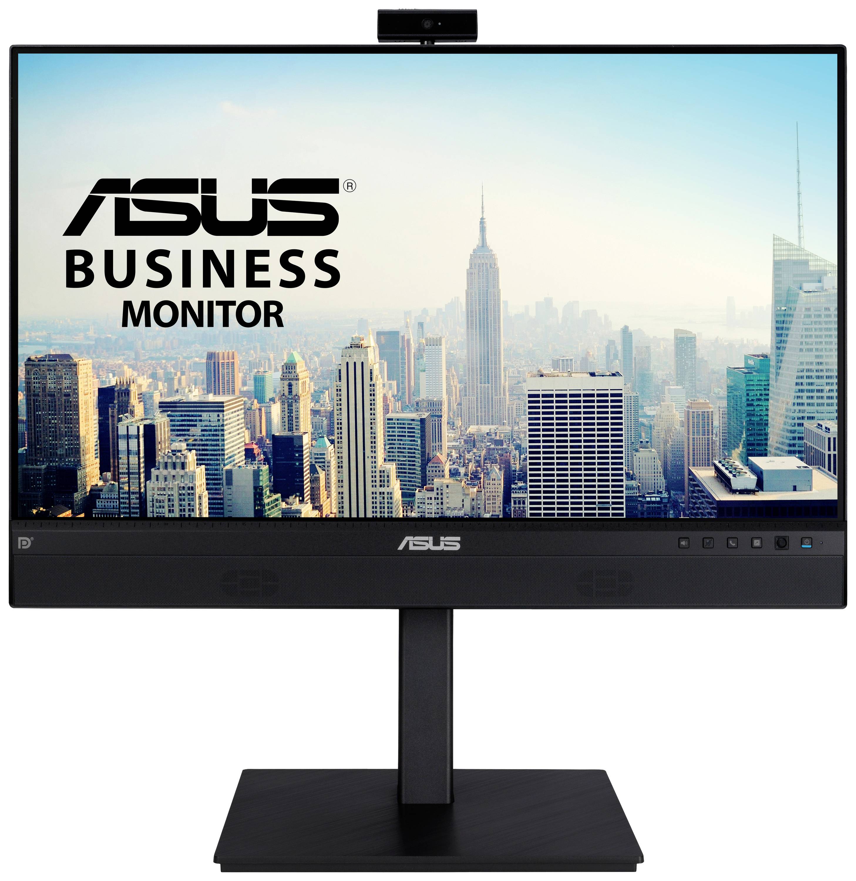 Un moniteur ASUS Business affiche une vue de ville avec des gratte-ciels en arrière-plan, adapté aux environnements de bureaux professionnels.