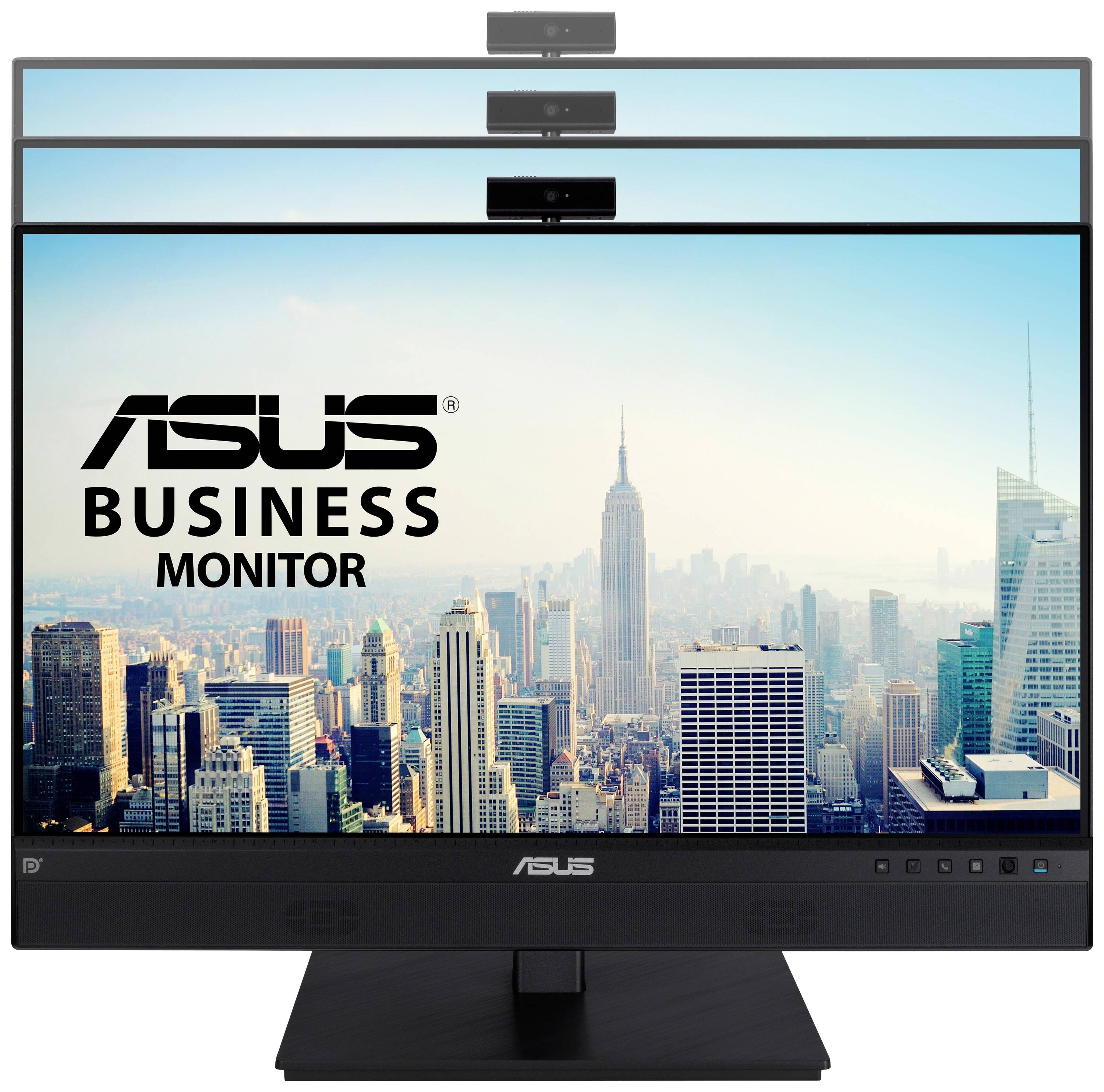 Moniteur d'entreprise ASUS donnant sur une skyline. Caractéristique principale : caméras montées en haut. Idéal pour les vidéoconférences et les applications professionnelles.
