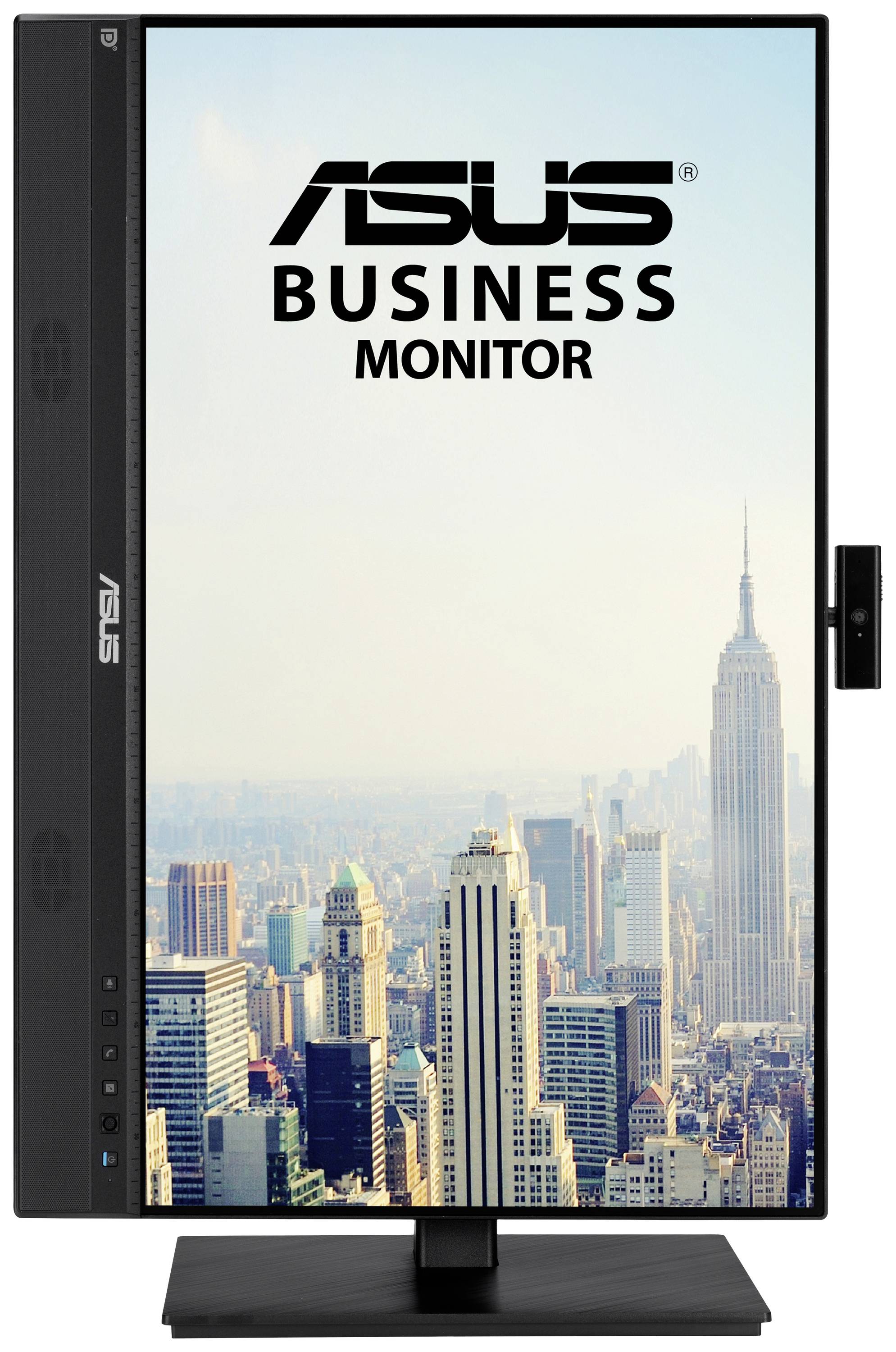 Un moniteur ASUS disposé verticalement affiche la skyline d'une ville avec des gratte-ciels. En haut est inscrit « Moniteur professionnel ASUS ».