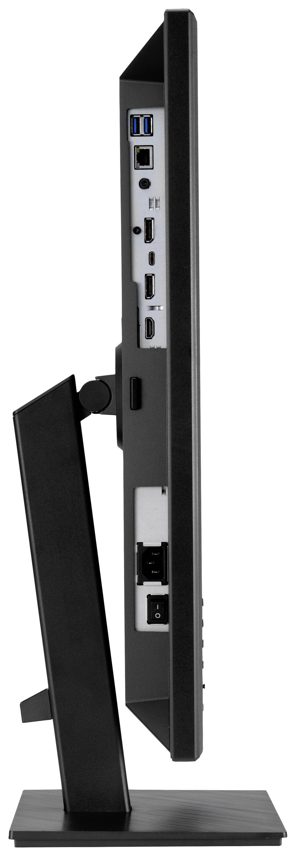 Vue latérale d'un écran d'ordinateur noir posé sur un support réglable. Plusieurs ports de connexion à l'arrière.