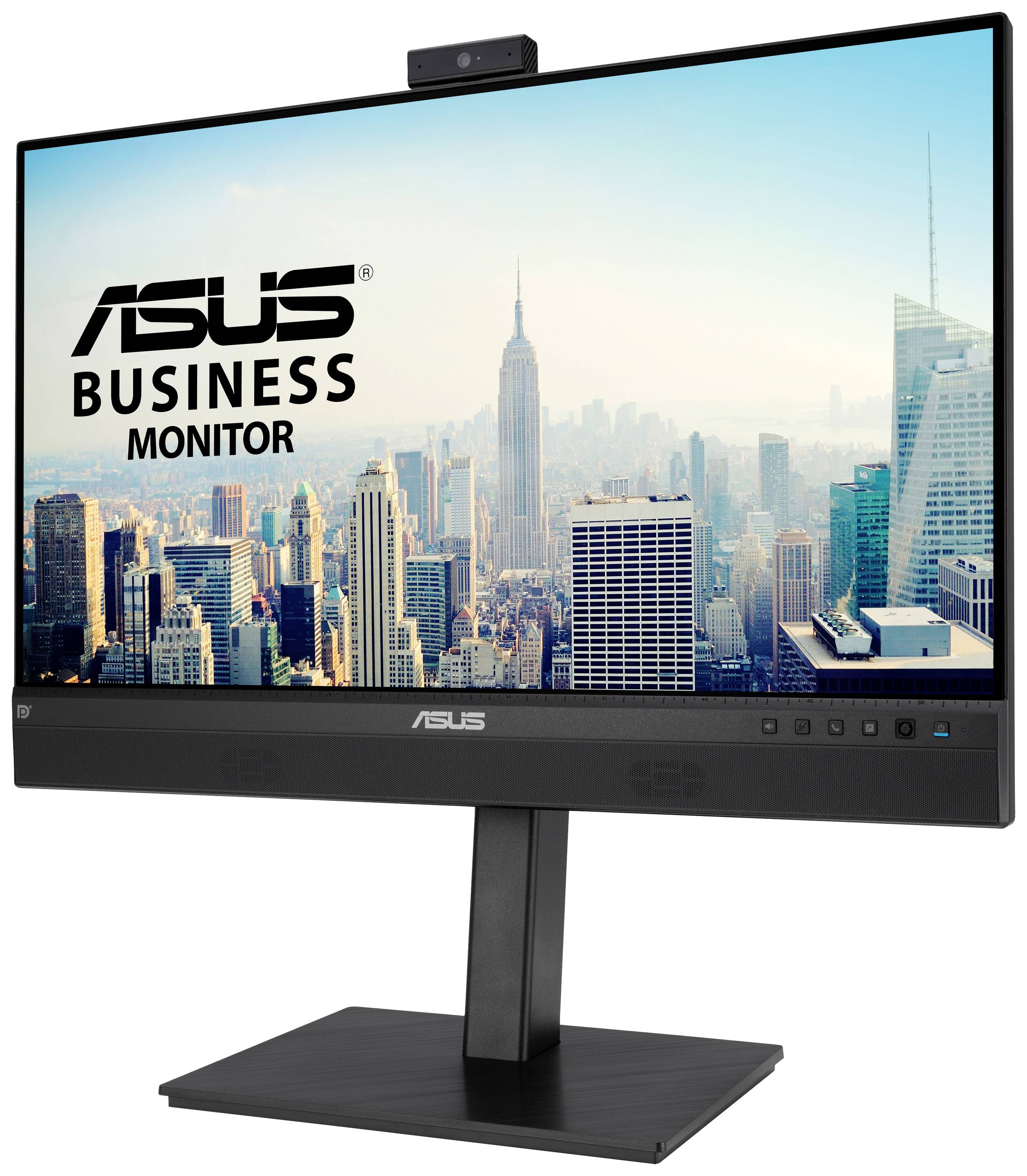 Un moniteur d'affaires ASUS affiche une vue de ville avec des gratte-ciels sous un ciel bleu.