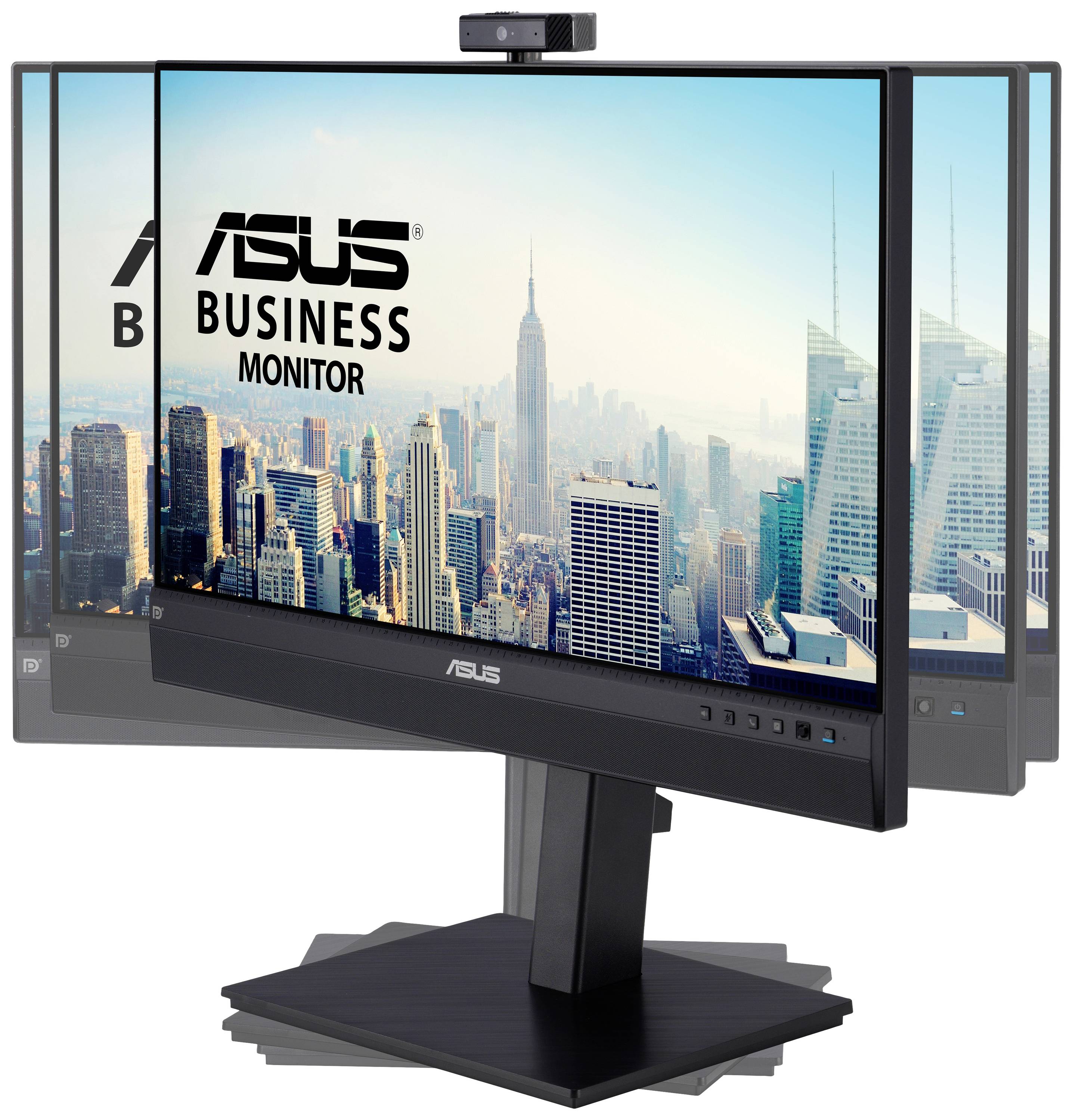 Moniteur d'entreprise Asus avec un paysage urbain, montrant des gratte-ciels et l'Empire State Building en arrière-plan.