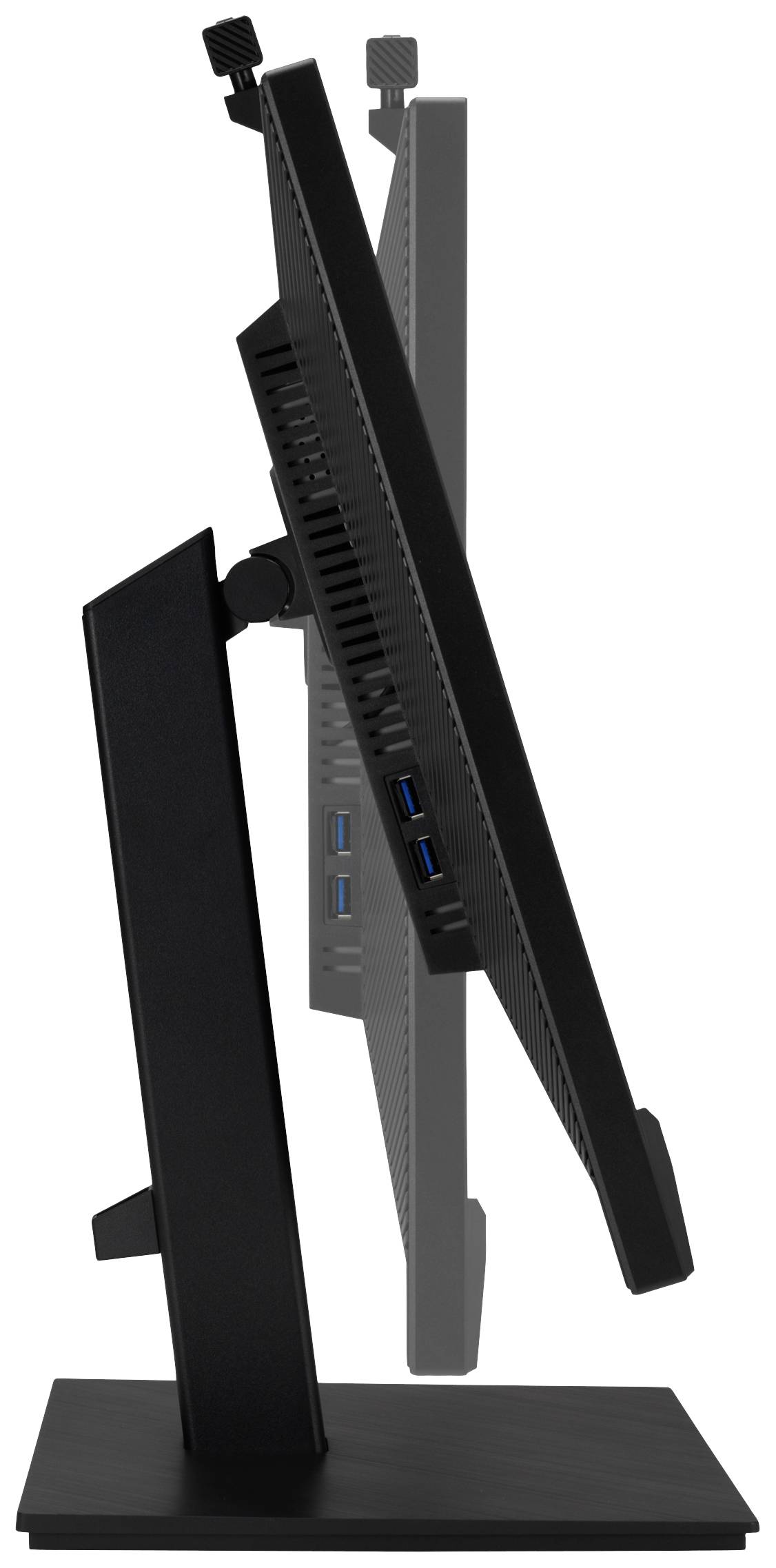 Un écran d'ordinateur vu de côté avec un angle d'inclinaison ajustable, montrant plusieurs ports USB à l'arrière.