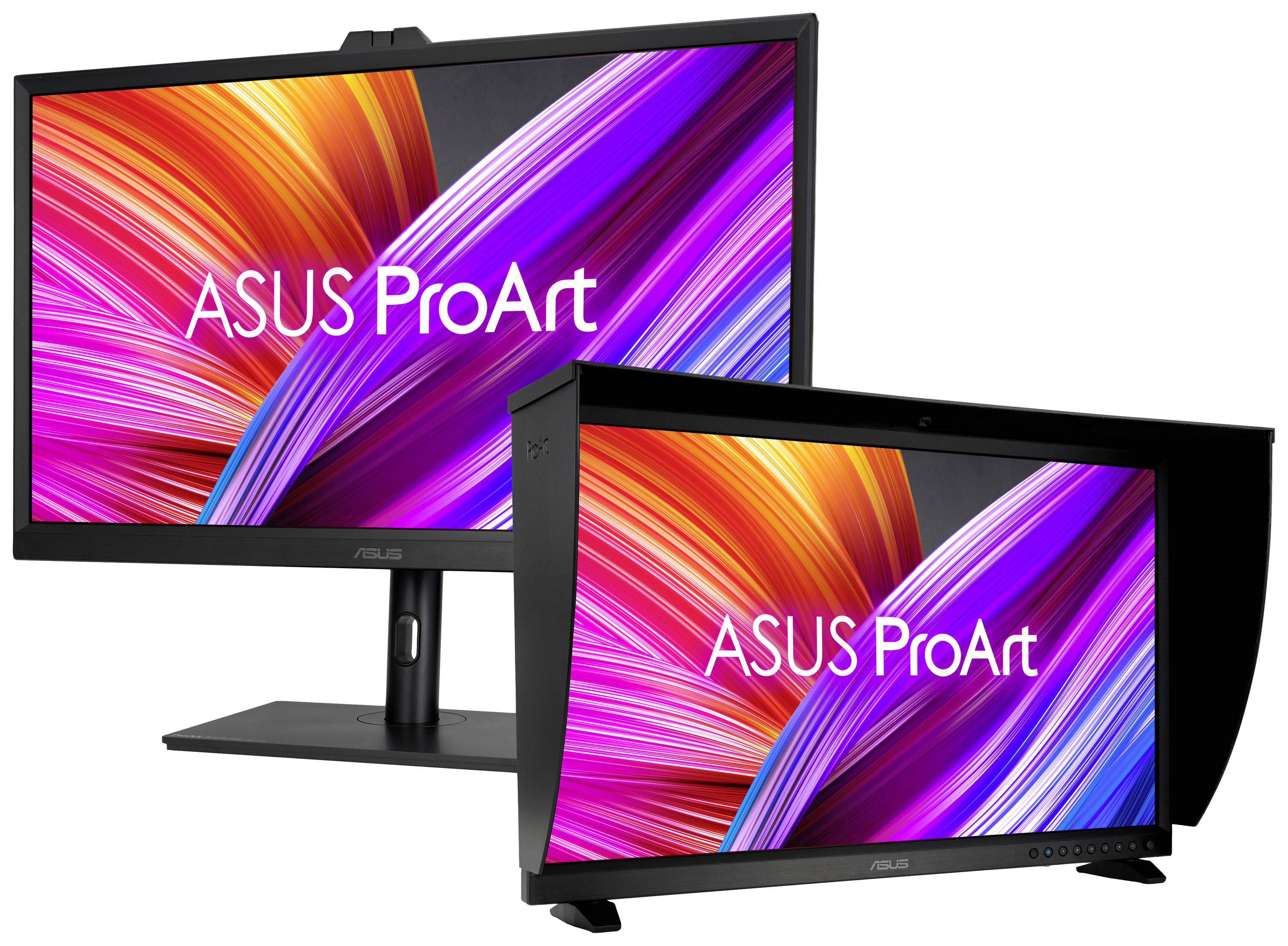 Deux moniteurs ASUS ProArt avec des arrière-plans d'écran colorés et vibrants. Présentant différents modèles et options de support.