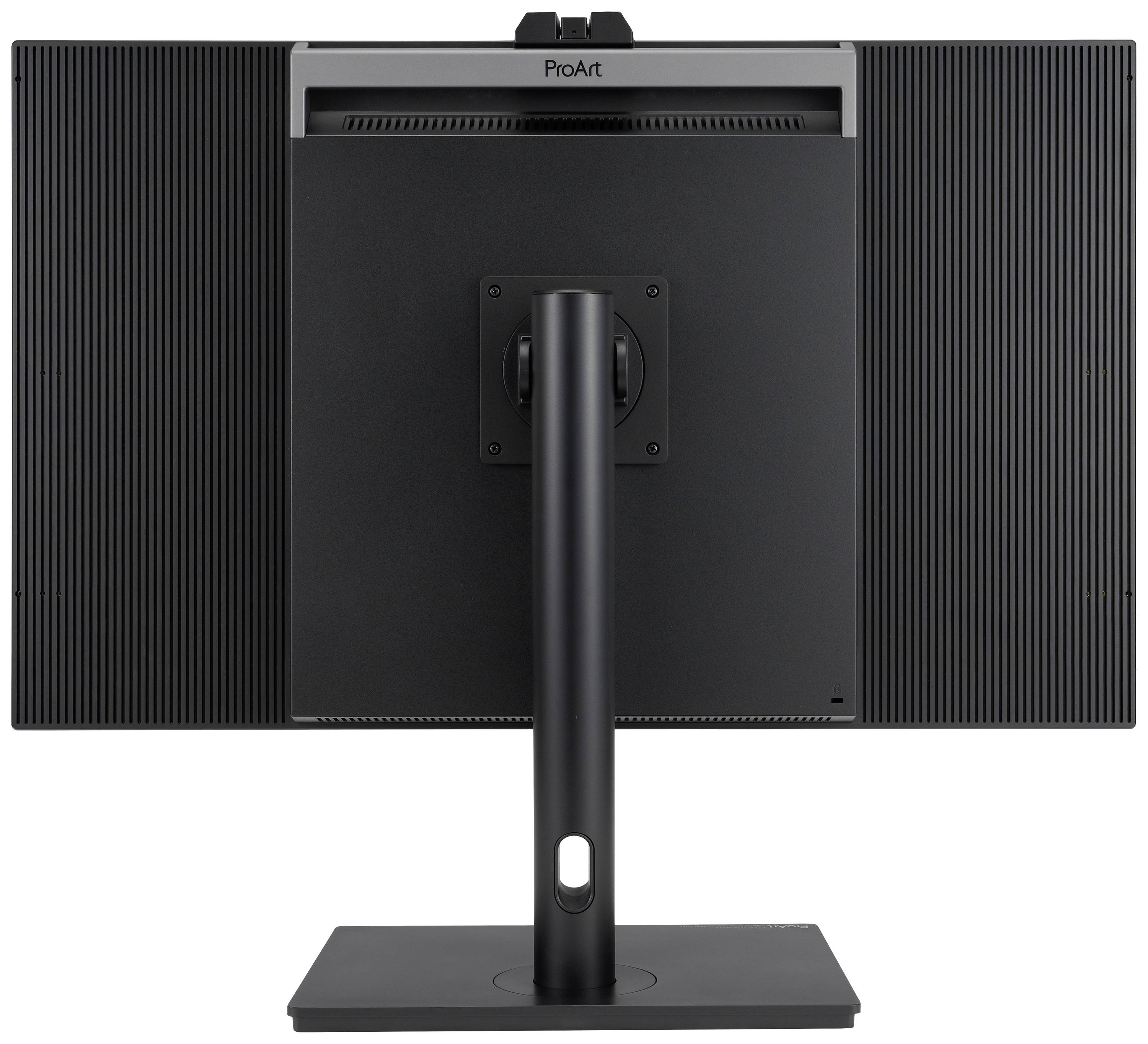 Vue arrière d'un moniteur d'ordinateur noir sur son socle, design épuré et moderne, forme rectangulaire.