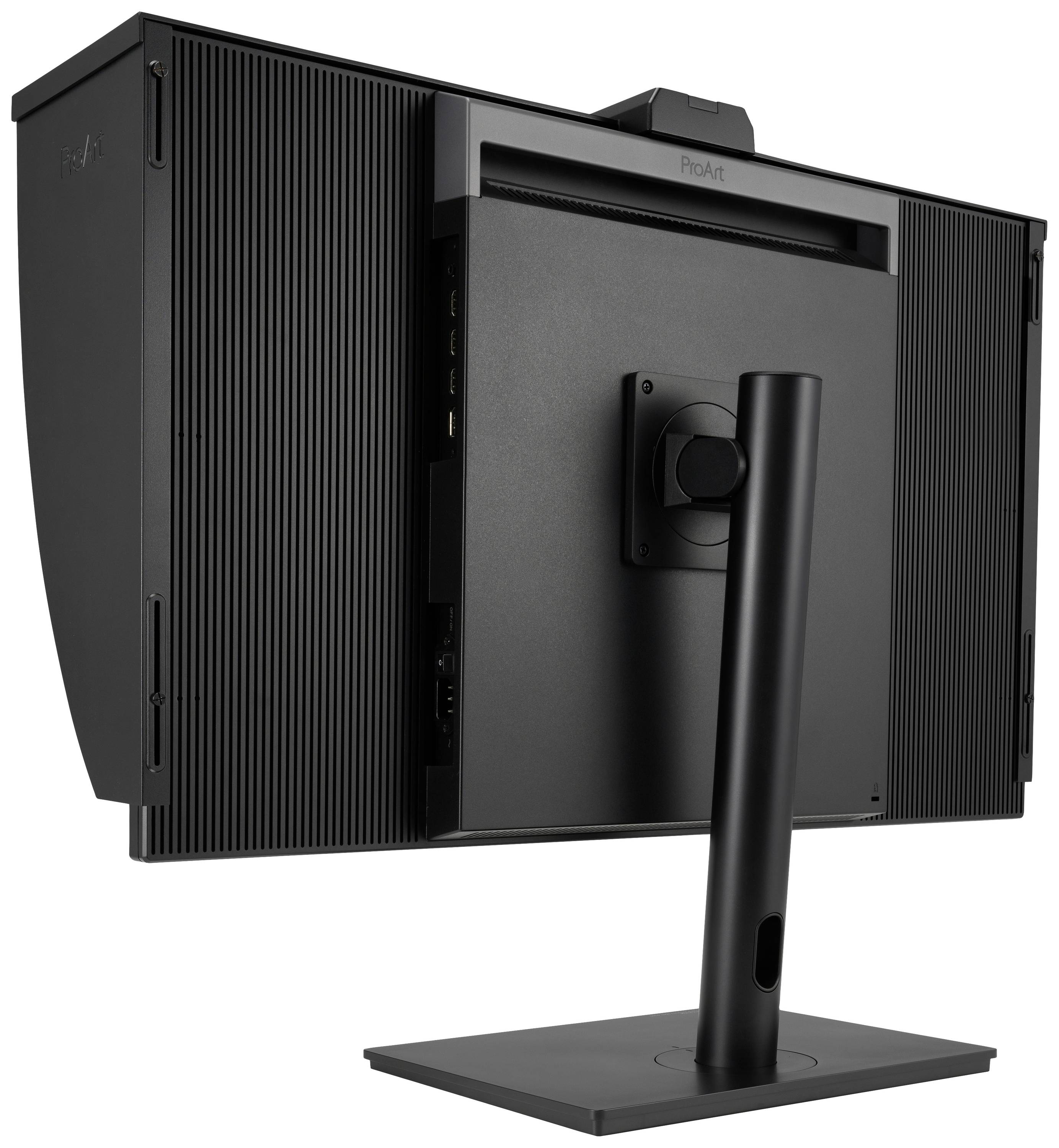 Dos d'un moniteur d'ordinateur noir avec un support vertical. La vue de côté montre des fentes de ventilation nervurées et des connexions pour câbles.