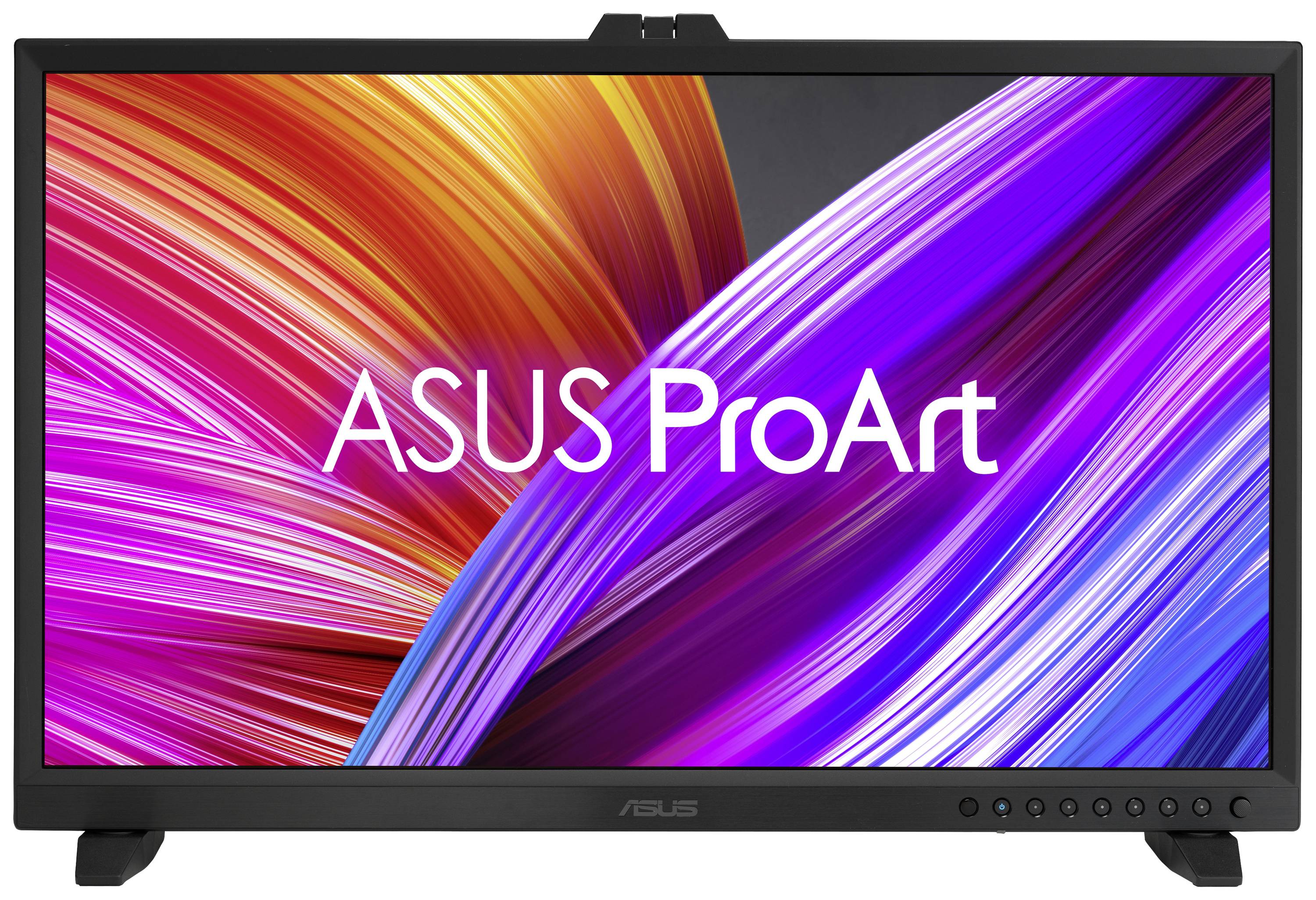 Un moniteur ASUS ProArt avec des lignes abstraites et colorées à l'écran, présentant des couleurs vives adaptées aux travaux créatifs.