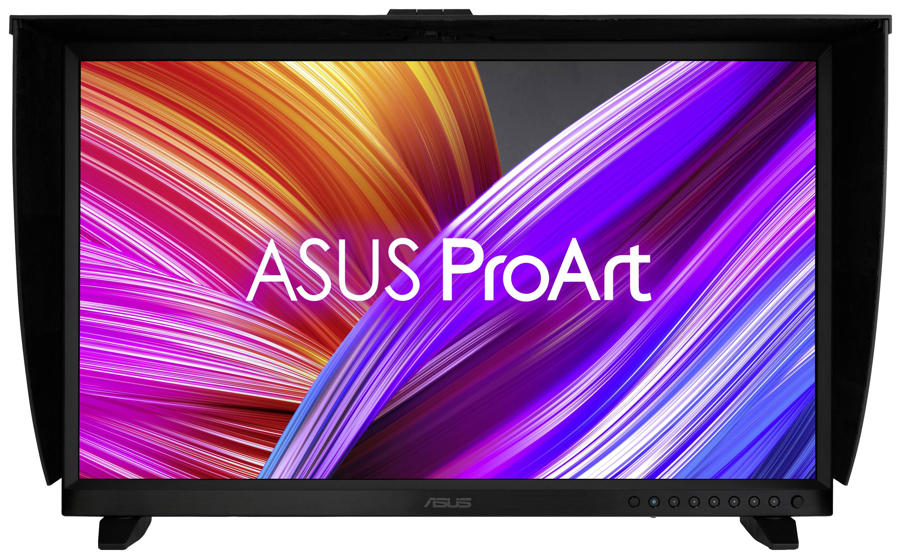 Un écran affichant 'ASUS ProArt'. L'arrière-plan présente des bandes lumineuses dynamiques et colorées.