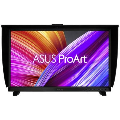 Un écran affichant 'ASUS ProArt'. L'arrière-plan présente des bandes lumineuses dynamiques et colorées.