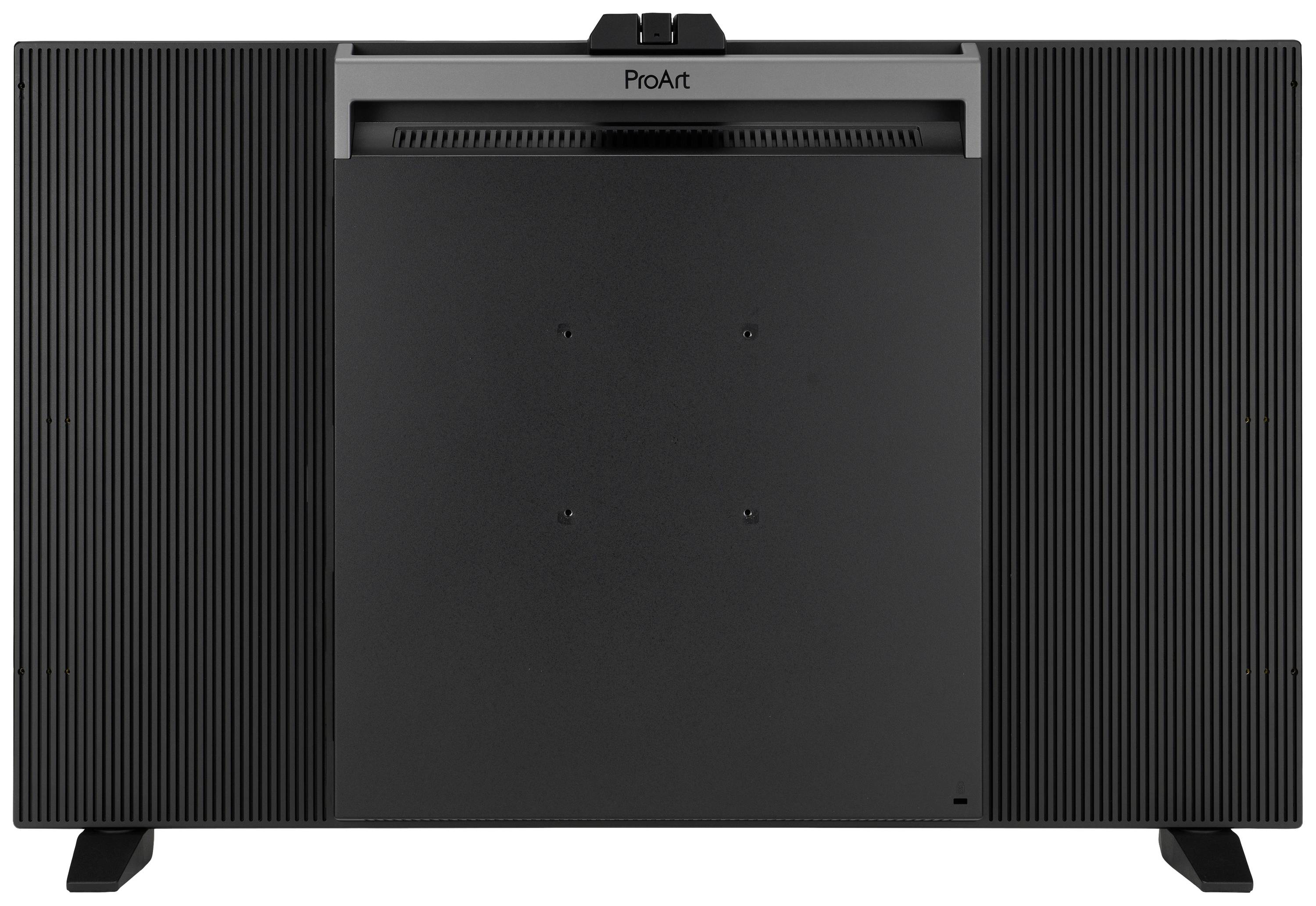 Un socle noir rectangulaire aux côtés nervurés, appartenant à un moniteur ProArt.