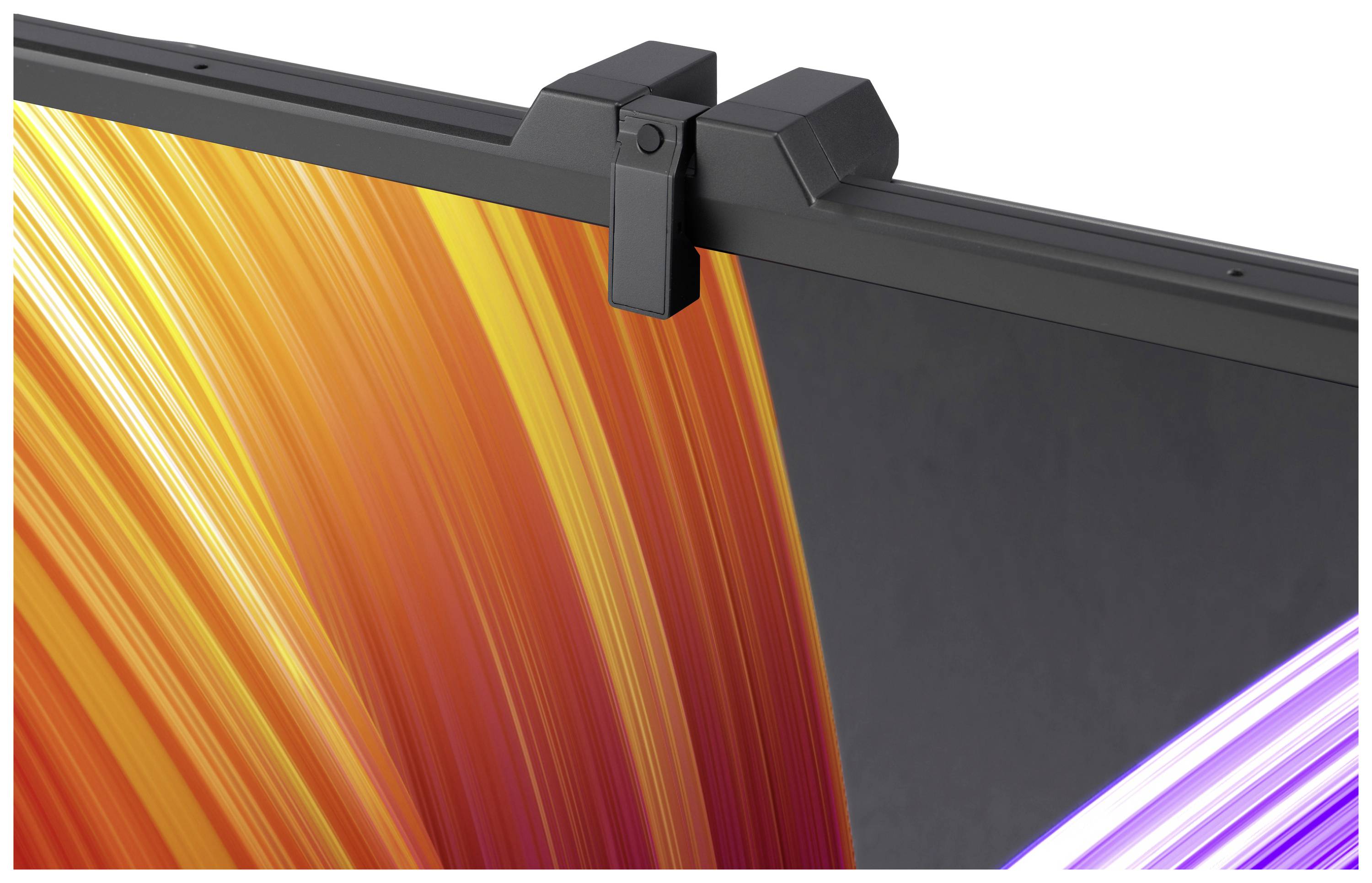Un écran d'ordinateur portable avec un arrière-plan lumineux orange et violet. Une webcam est fixée au bord supérieur de l'écran.