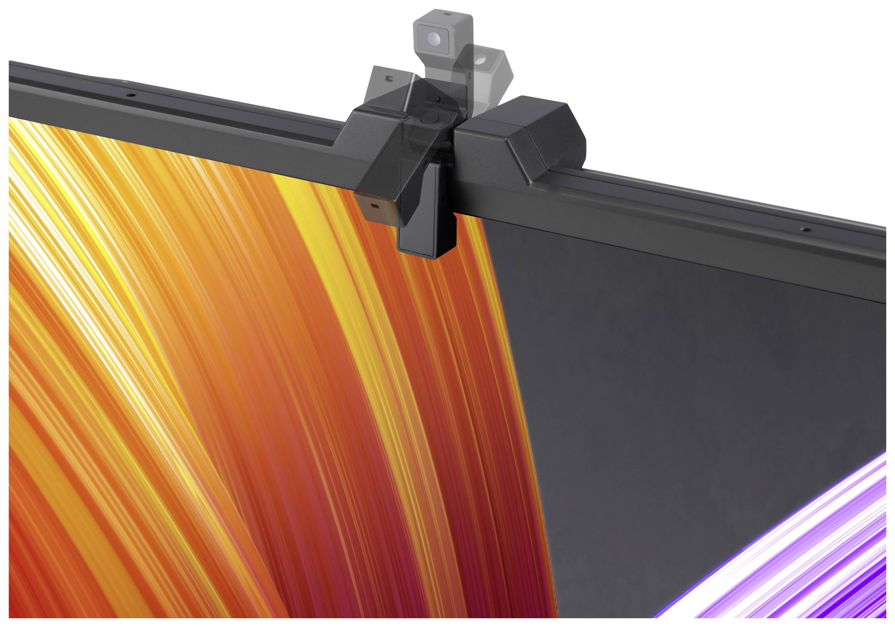 Une caméra est fixée en haut d'un moniteur avec un arrière-plan dynamique orange et violet.
