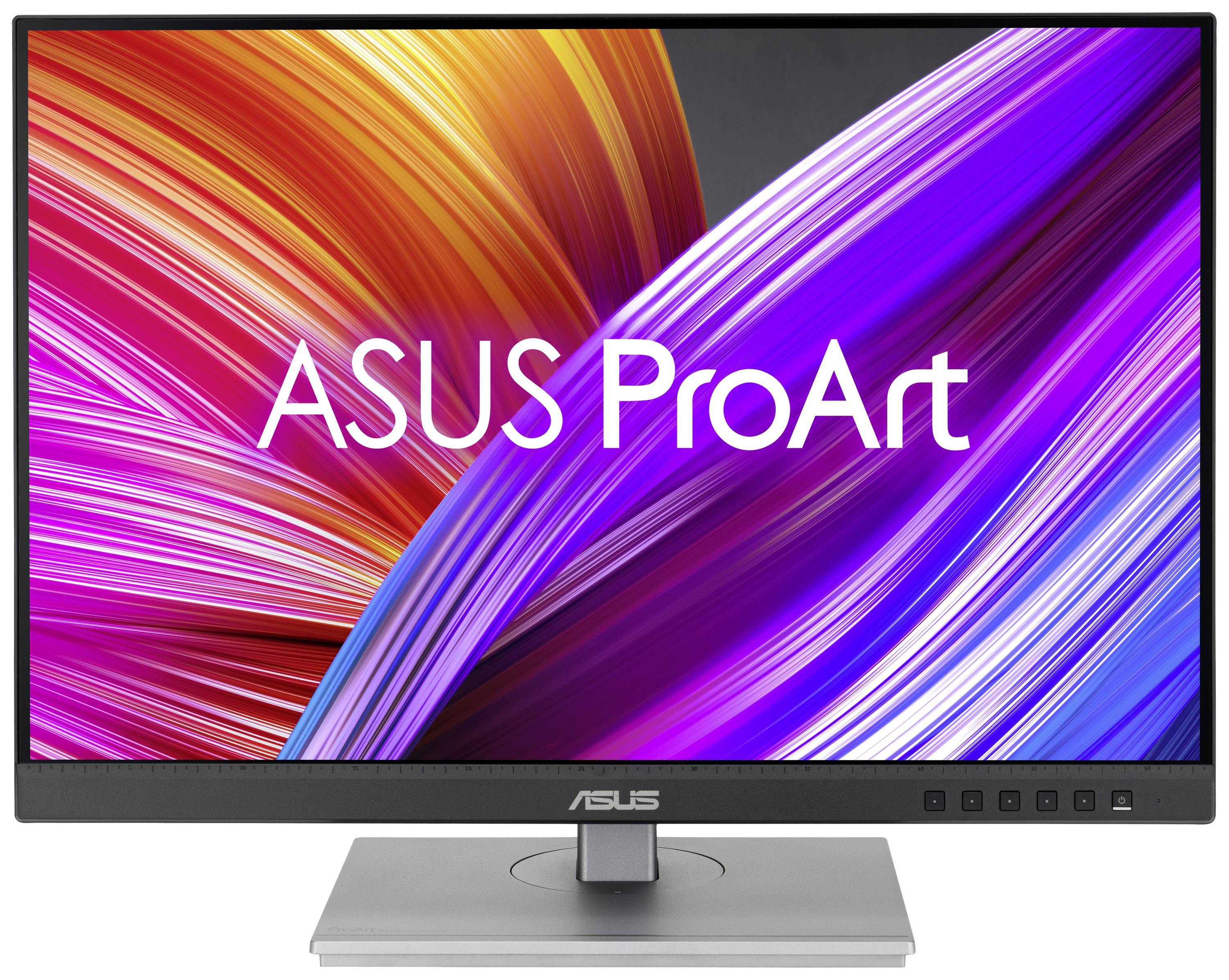 Un moniteur ASUS ProArt avec un arrière-plan abstrait aux couleurs vives, présentant des teintes lumineuses de rouge, orange, violet et bleu.