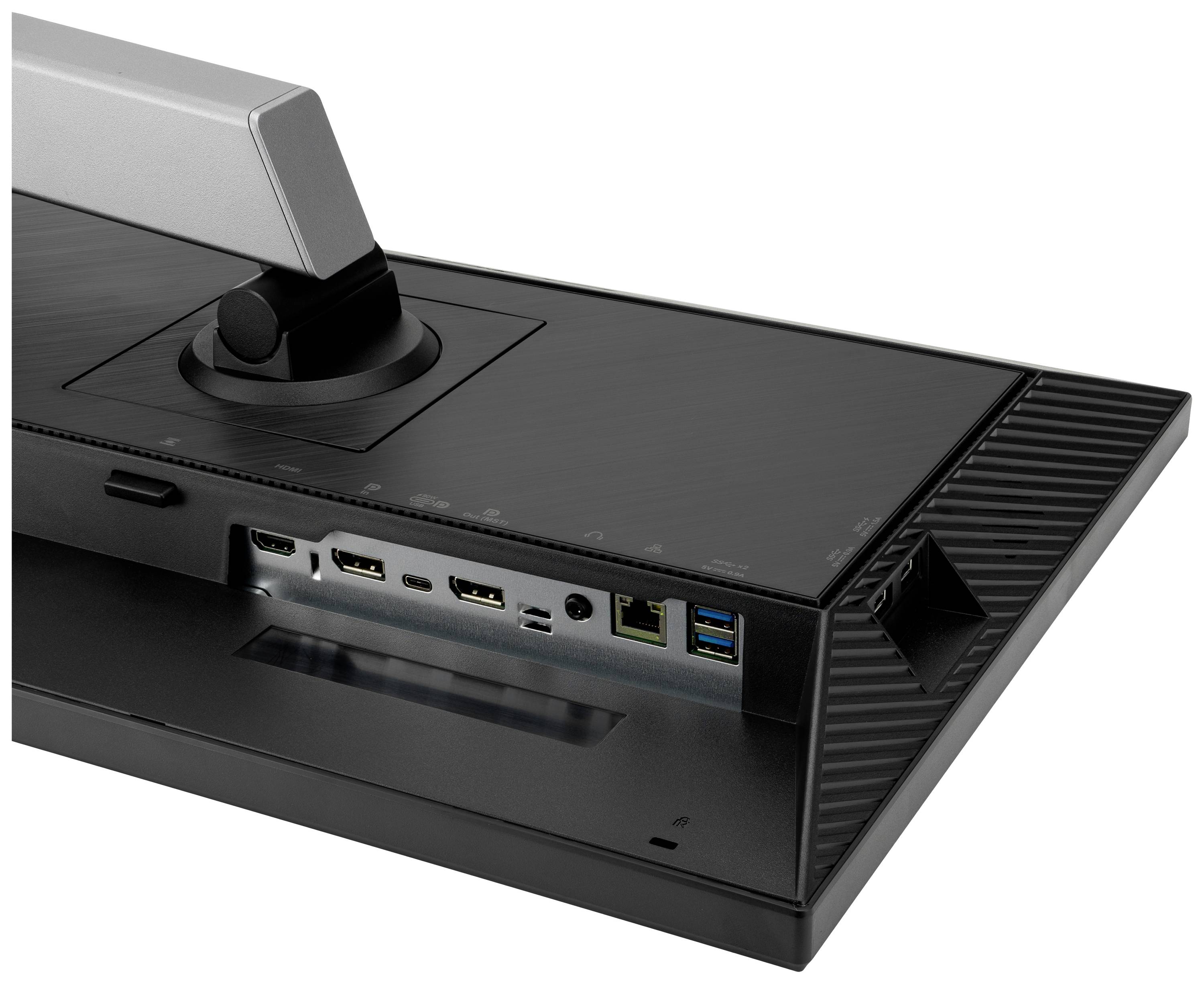 Le dos d'un écran d'ordinateur présente différents ports, notamment HDMI, DisplayPort et ports USB.