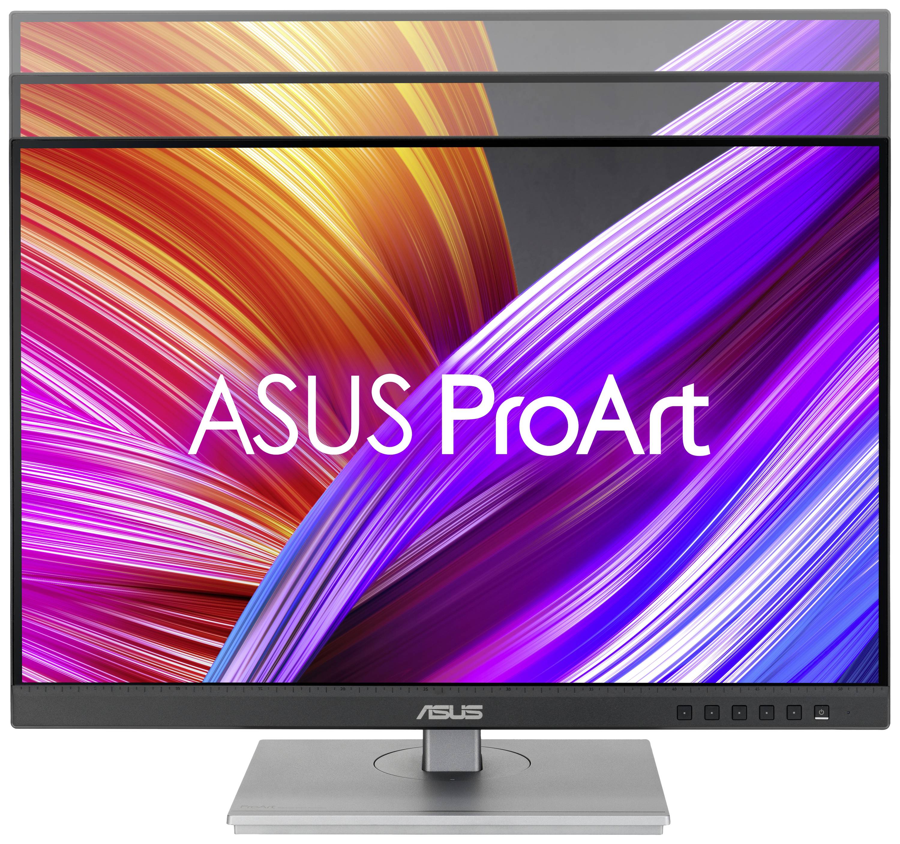 Un écran d'ordinateur ASUS ProArt affiche des couleurs lumineuses qui s'entremêlent, allant du rouge à l'orange, en passant par le rose et le bleu.