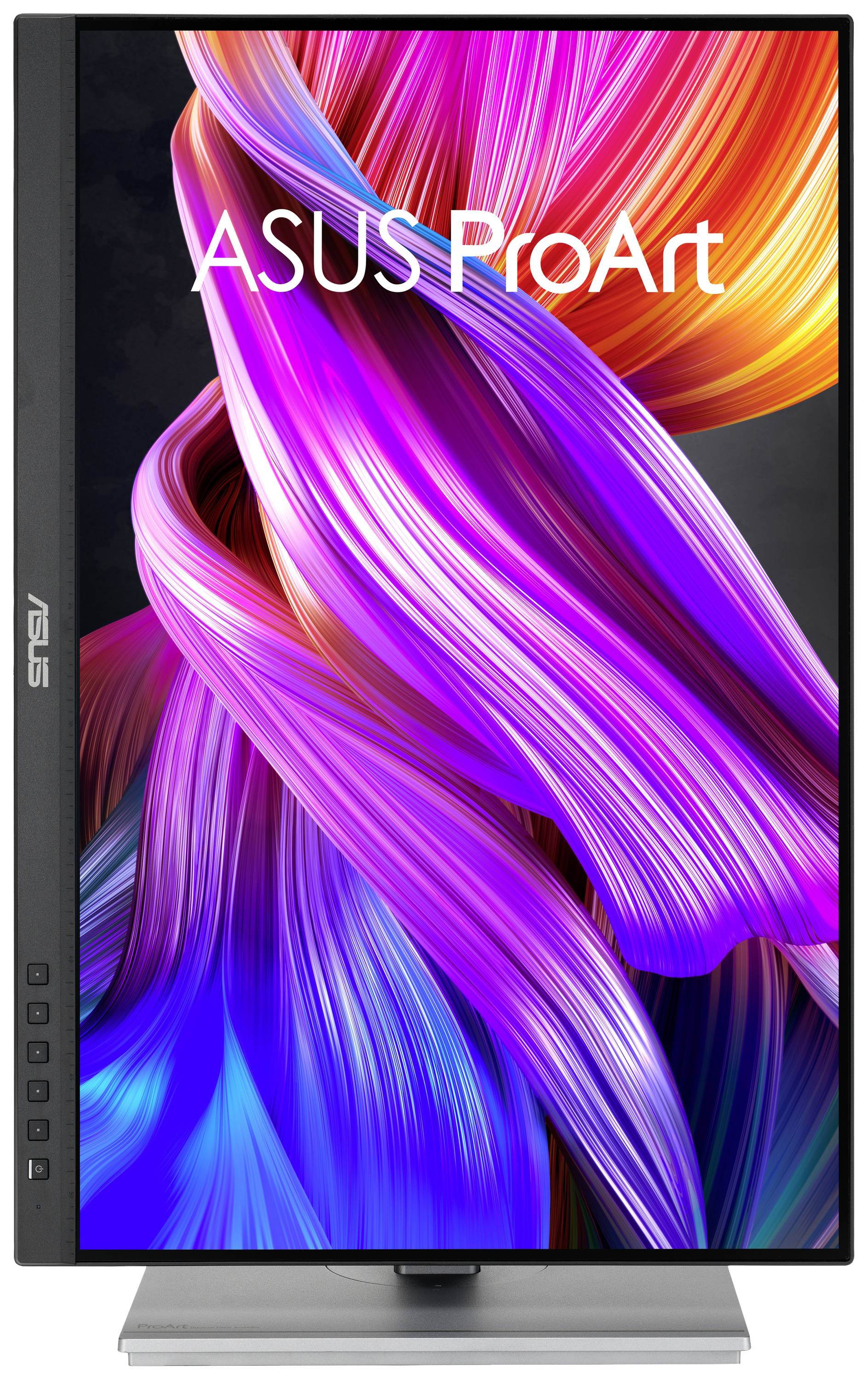 Moniteur affichant un motif tourbillonnant lumineux et coloré sur l'écran, marqué du logo 'ASUS ProArt'.