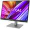 Un moniteur ASUS ProArt avec des lignes diagonales colorées à l'écran, légèrement incliné sur un socle argenté.