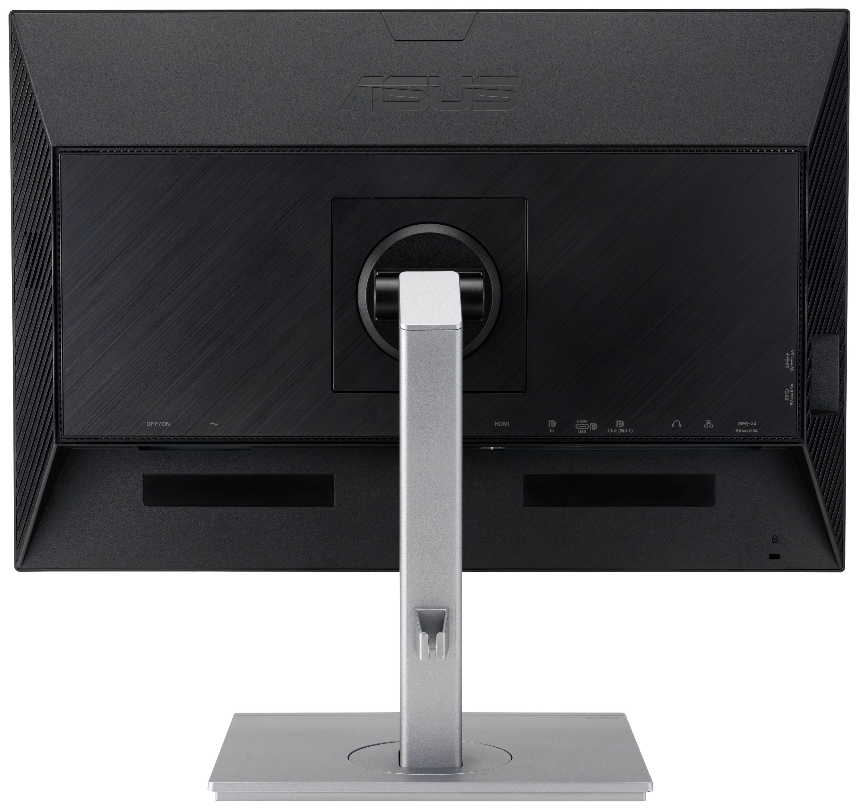 Un écran d'ordinateur noir vu de dos, avec un socle argenté et le logo ASUS.