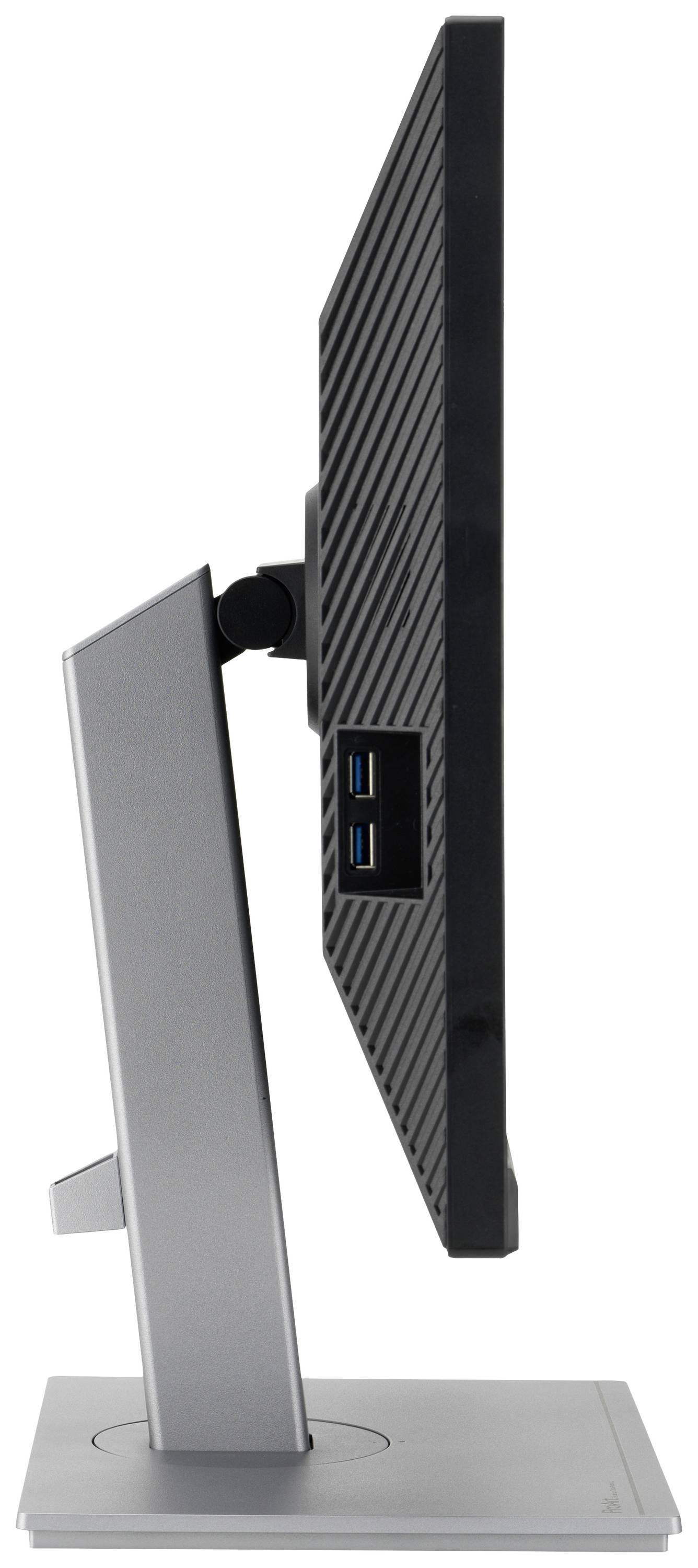 Vue latérale d'un écran d'ordinateur plat sur un support réglable, avec deux ports USB à l'arrière.