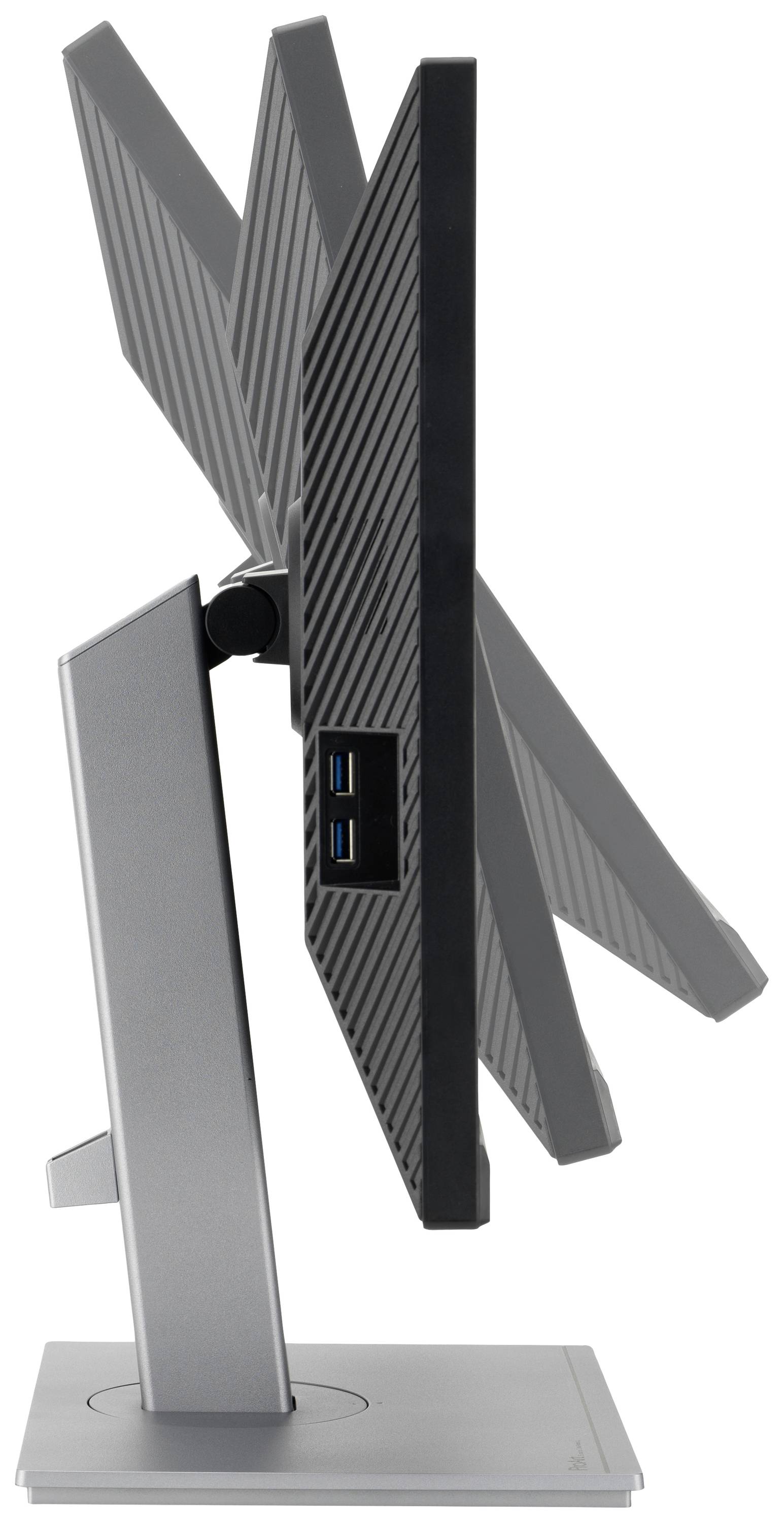 Vue latérale d'un moniteur élégant à angle inclinable réglable, montrant des ports USB sur le côté.