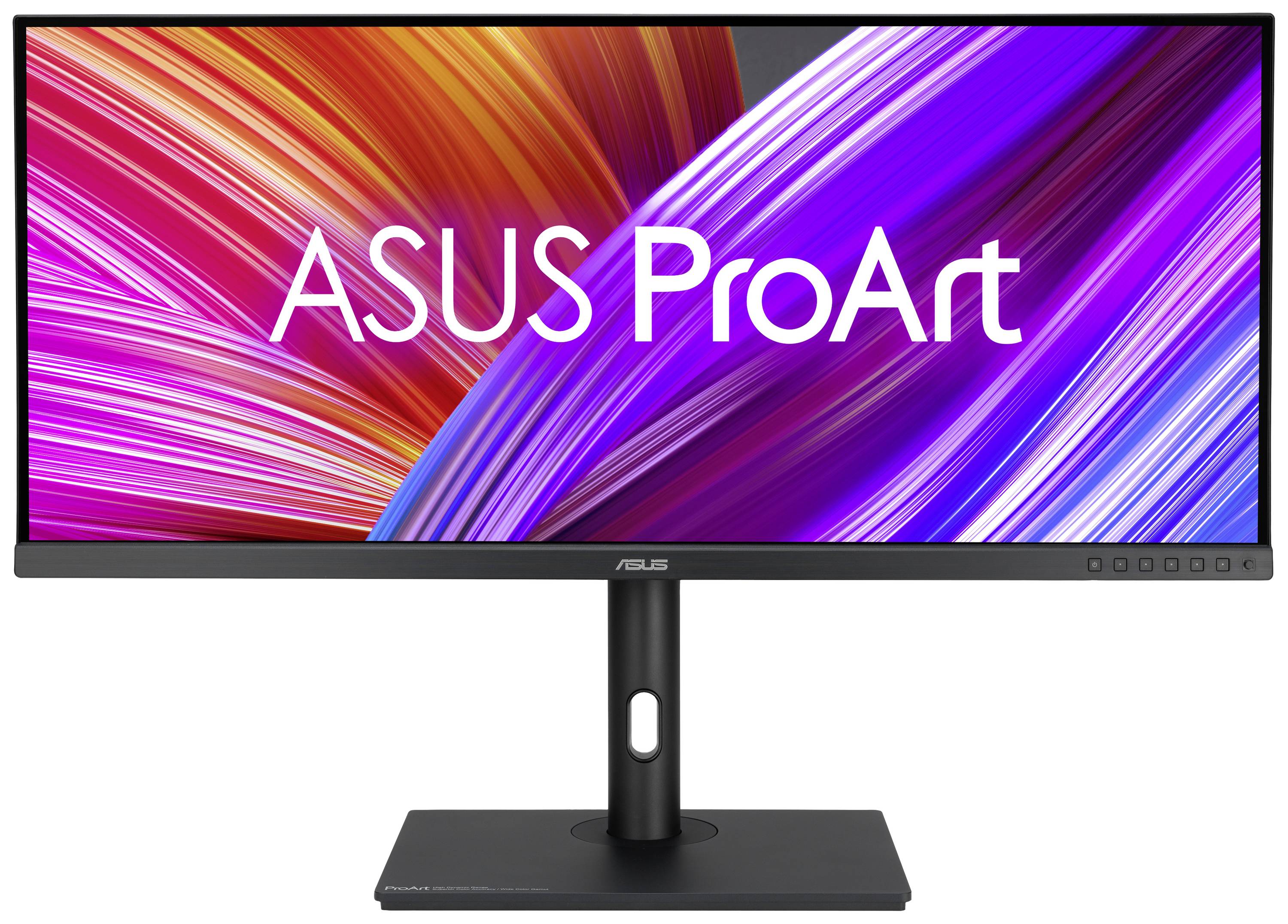 Un moniteur ASUS ProArt à écran ultra-large avec un fond coloré et lumineux affiche le texte 'ASUS ProArt'.