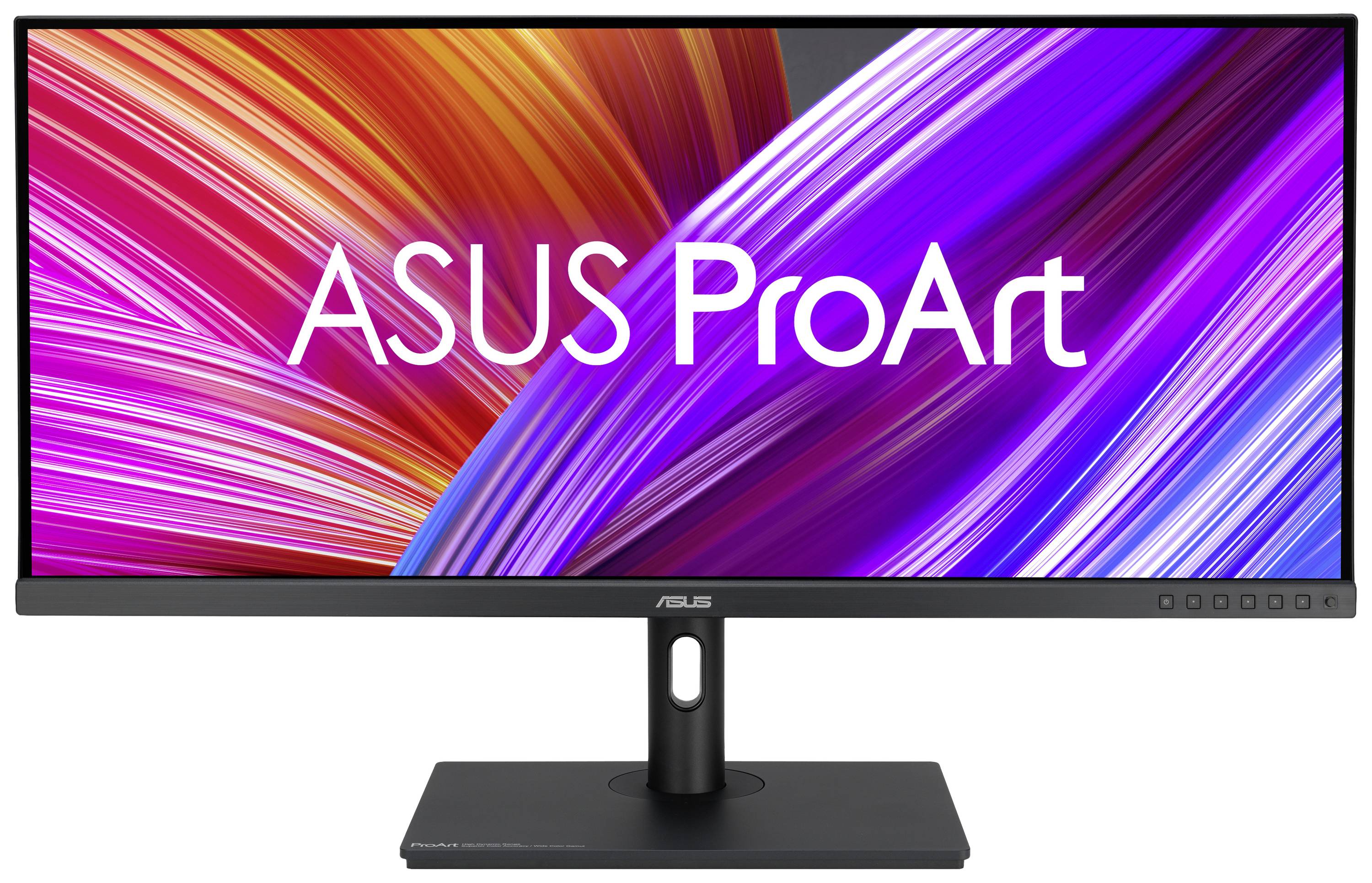 Moniteur ultrawide ASUS ProArt avec des graphiques vifs en violet et orange à l'écran.