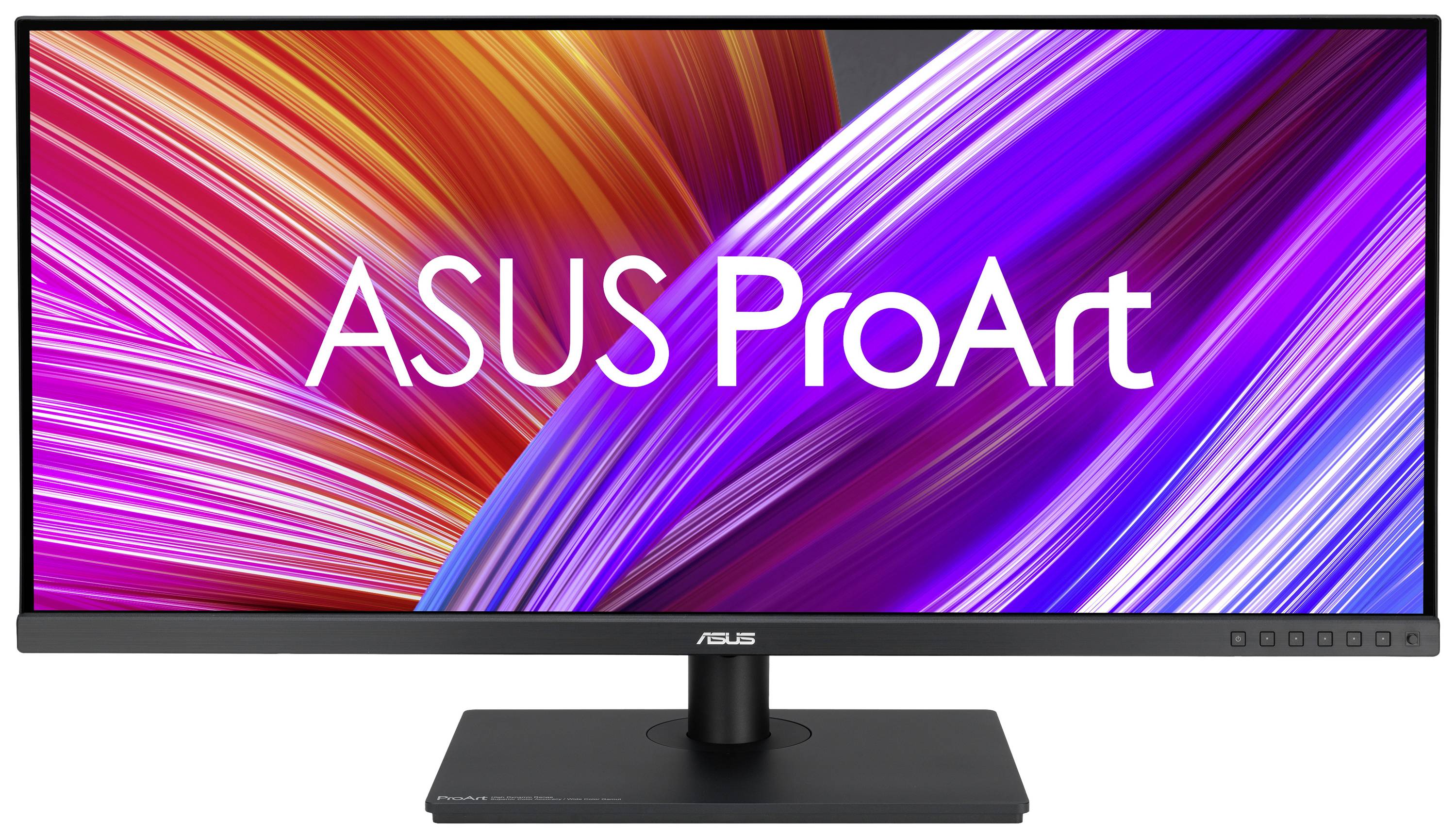 Écran large affichant le logo 'ASUS ProArt' sur un fond abstrait et coloré en rouge, violet et bleu.