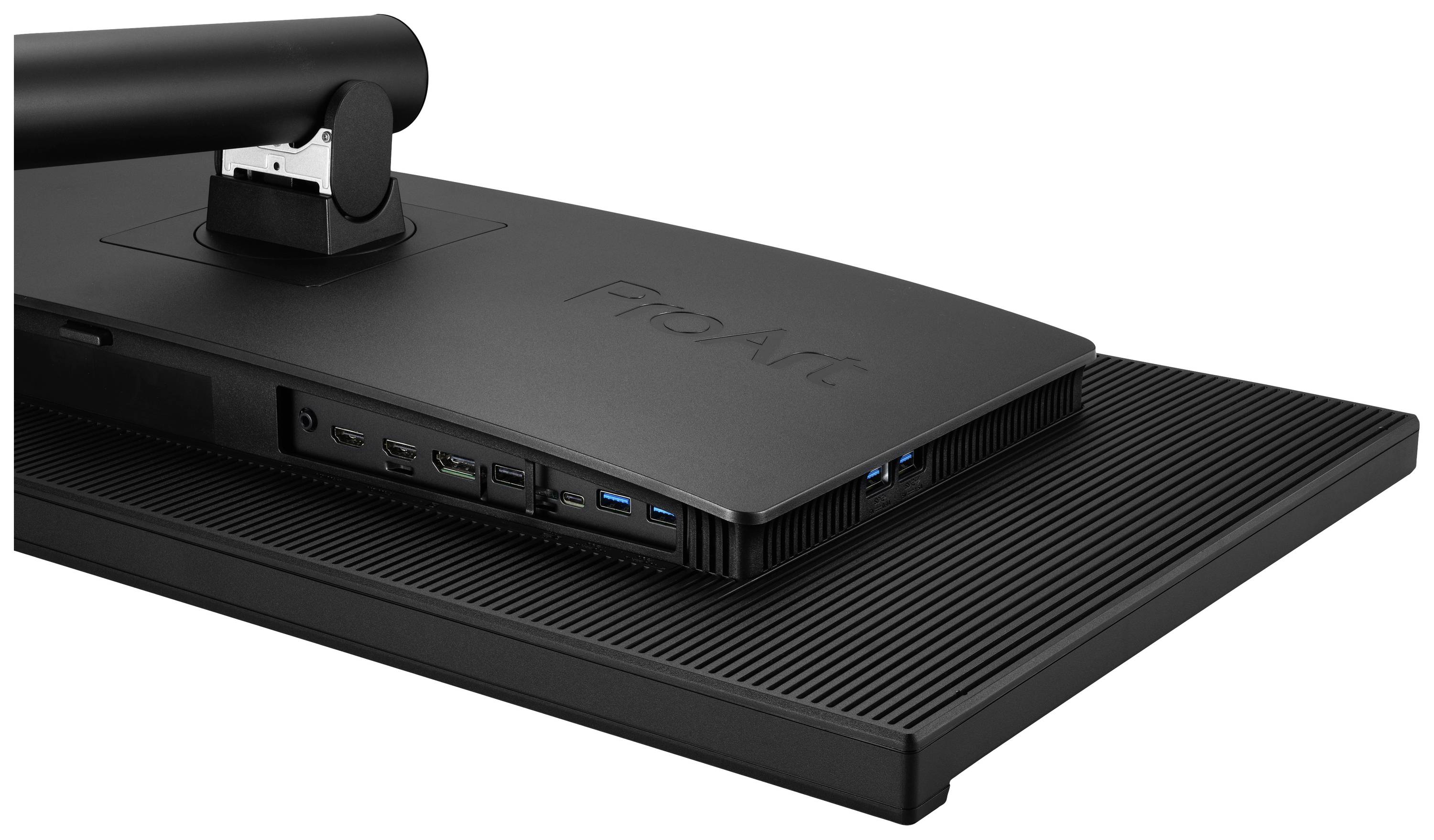 Dos d'un moniteur noir avec plusieurs ports de connexion, dont HDMI et ports USB. L'inscription 'ProArt' est visible.