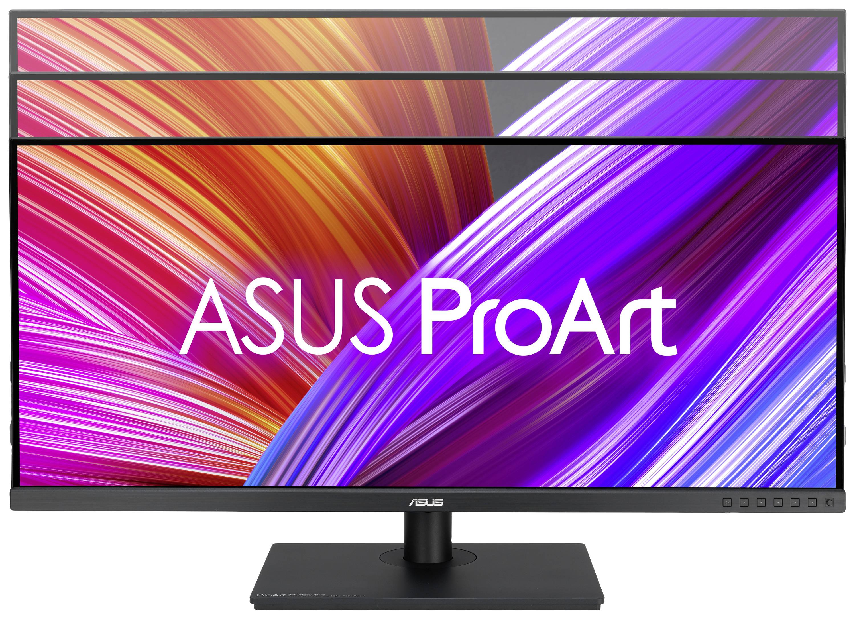 Écran d'ordinateur large avec un arrière-plan abstrait et vivant dans des tons de rouge et de lilas. Texte à l'écran : 'ASUS ProArt'.
