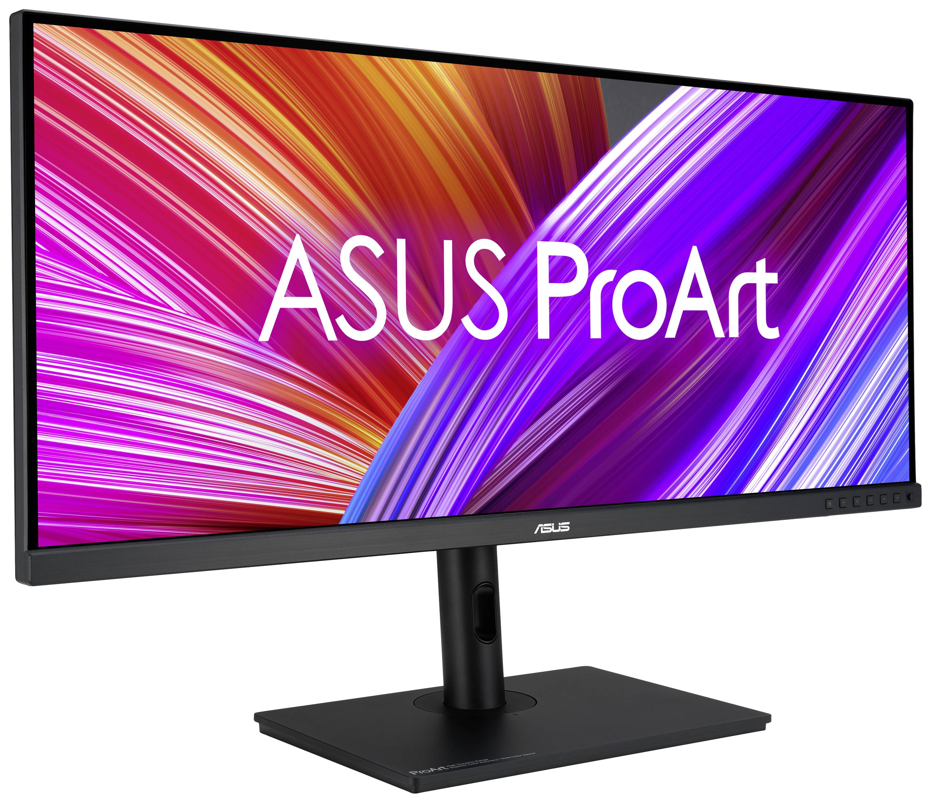 Grand moniteur ASUS ProArt avec un dégradé de couleurs vibrant sur l'écran.