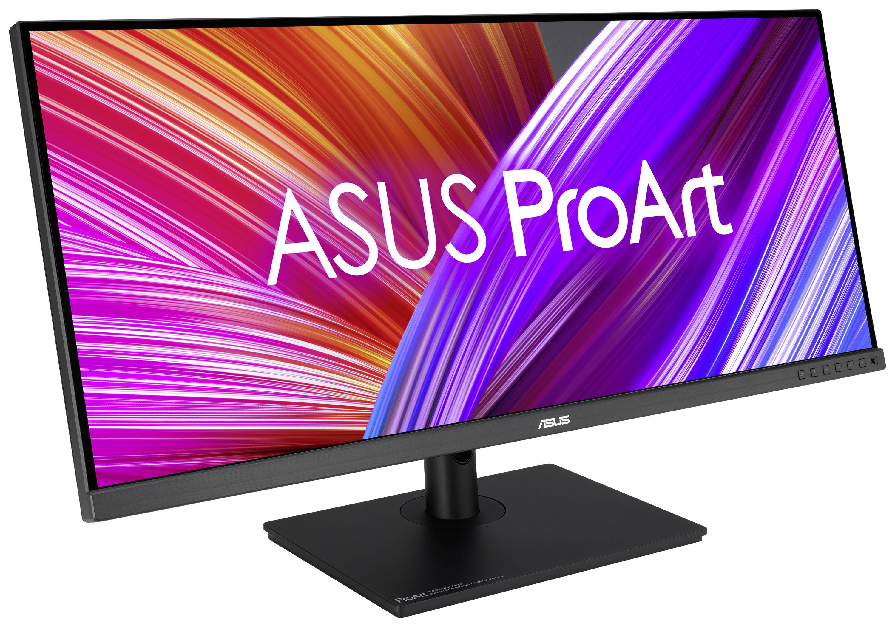 Moniteur large avec l'inscription 'ASUS ProArt', affichant des graphiques colorés à l'écran, adapté aux travaux créatifs.