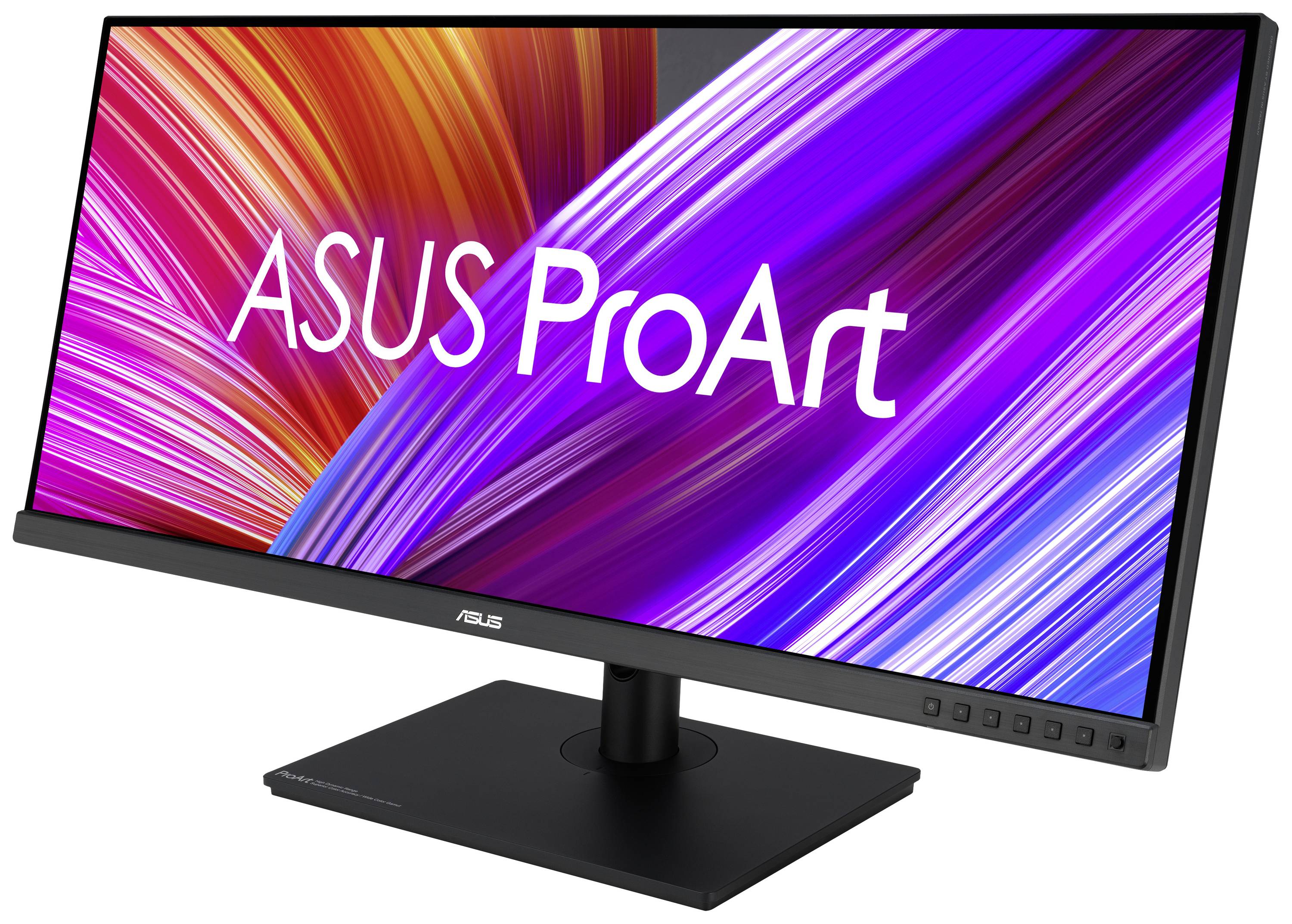 Un moniteur Asus ProArt avec un écran large et coloré. L'affichage présente un design dynamique avec des bandes violettes et bleues.